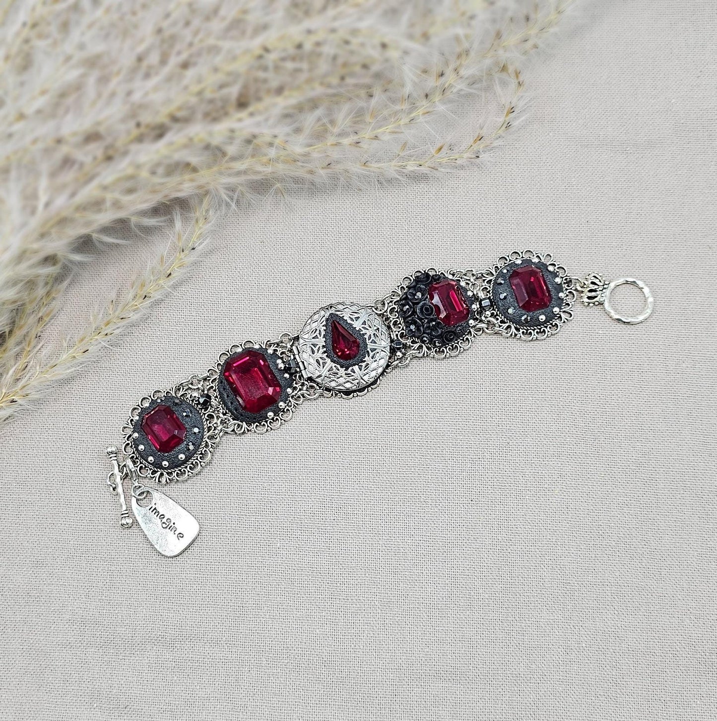 Dark red crystal bracelet with locket, black polymer clay flowers, black bracelet, dark bracelet, metal bracelet, floral bracelet