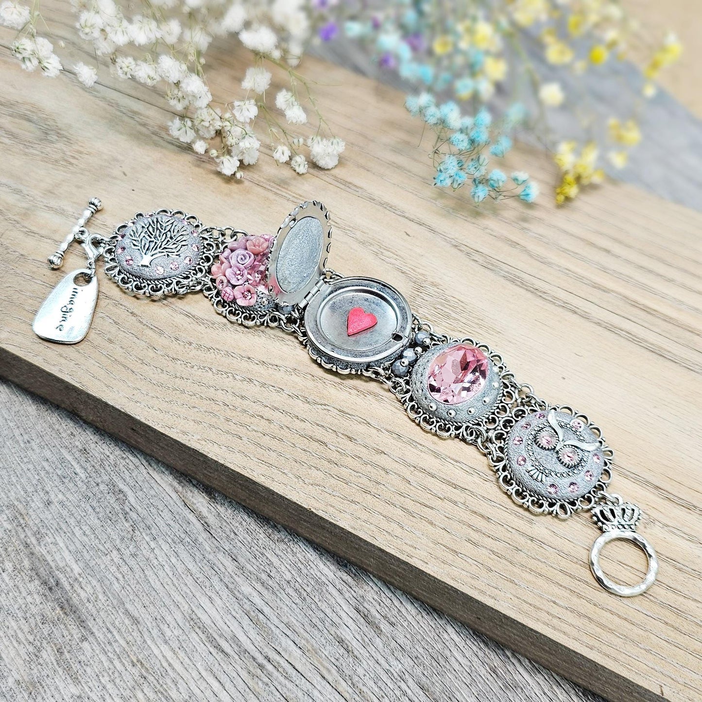Wide Pink Crystal Bracelet with Locket, Polymer Clay Flowers, Tree of Life and Owl Charms, 3 cm Width, Gift for Mom, Love Gift