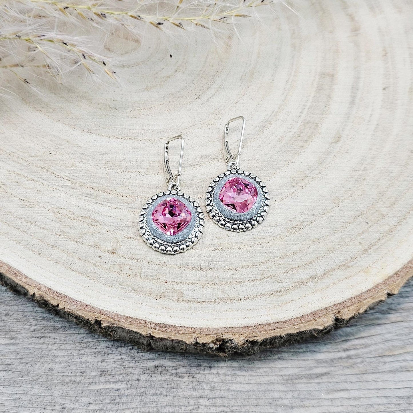 Elegant dangle earrings with sparkling rose crystals set in metal frames with polymer clay details. Silver hooks. Packaged in a paper gift box. A perfect accessory for any occasion, adding a touch of brilliance and sophistication