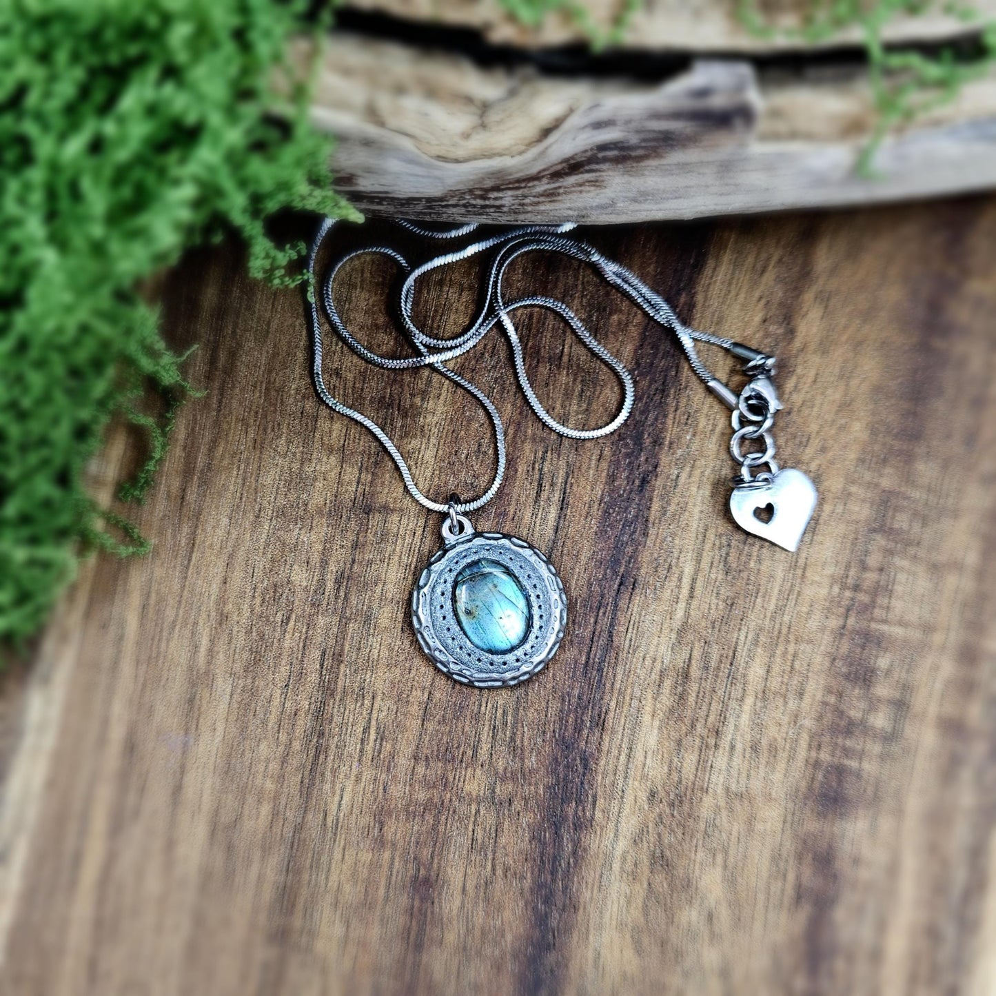 Handmade labradorite pendant necklace with a short stainless steel chain. Features a unique polymer clay setting. One of a kind magical jewelry, perfect gift for her.