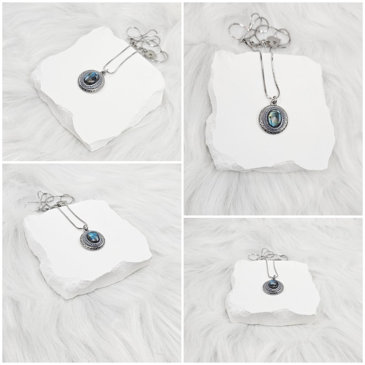 Handmade labradorite pendant necklace with a short stainless steel chain. Features a unique polymer clay setting. One of a kind magical jewelry, perfect gift for her.