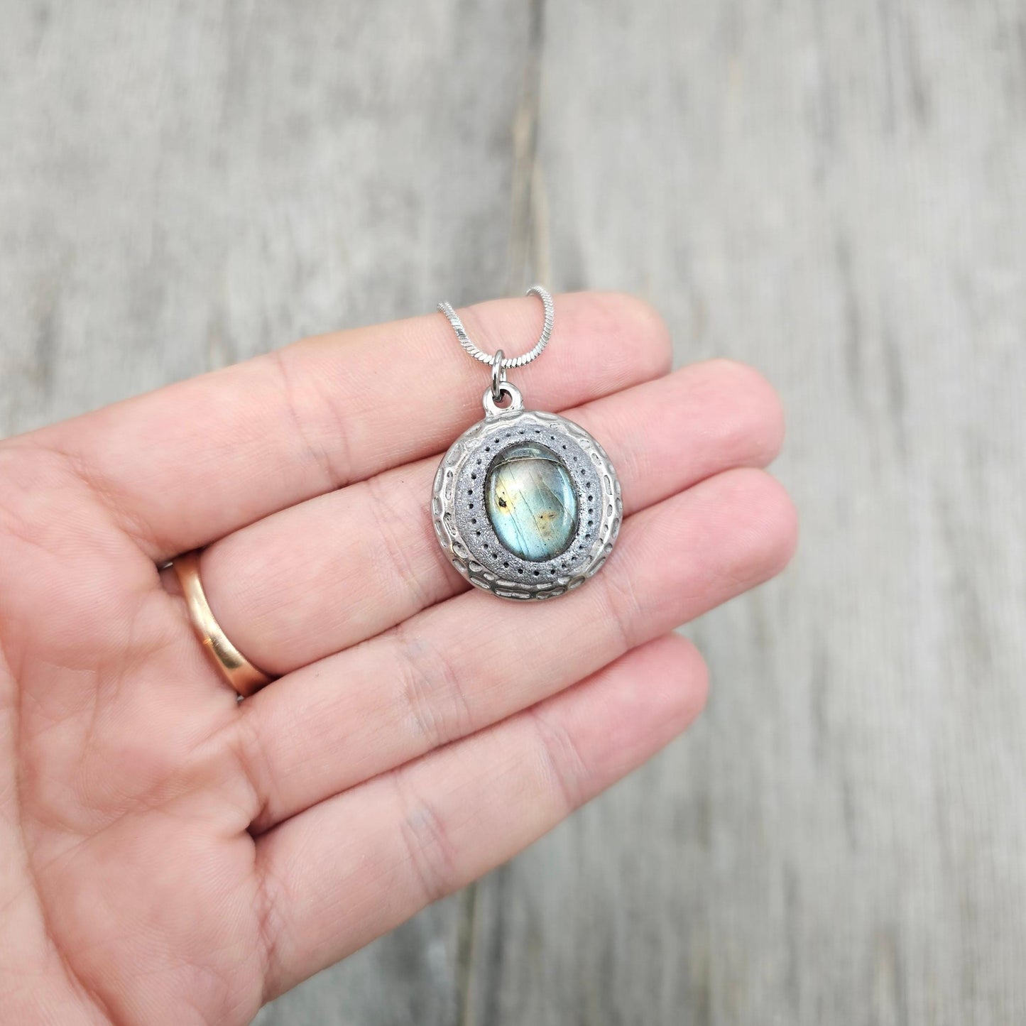 Handmade labradorite pendant necklace with a short stainless steel chain. Features a unique polymer clay setting. One of a kind magical jewelry, perfect gift for her.