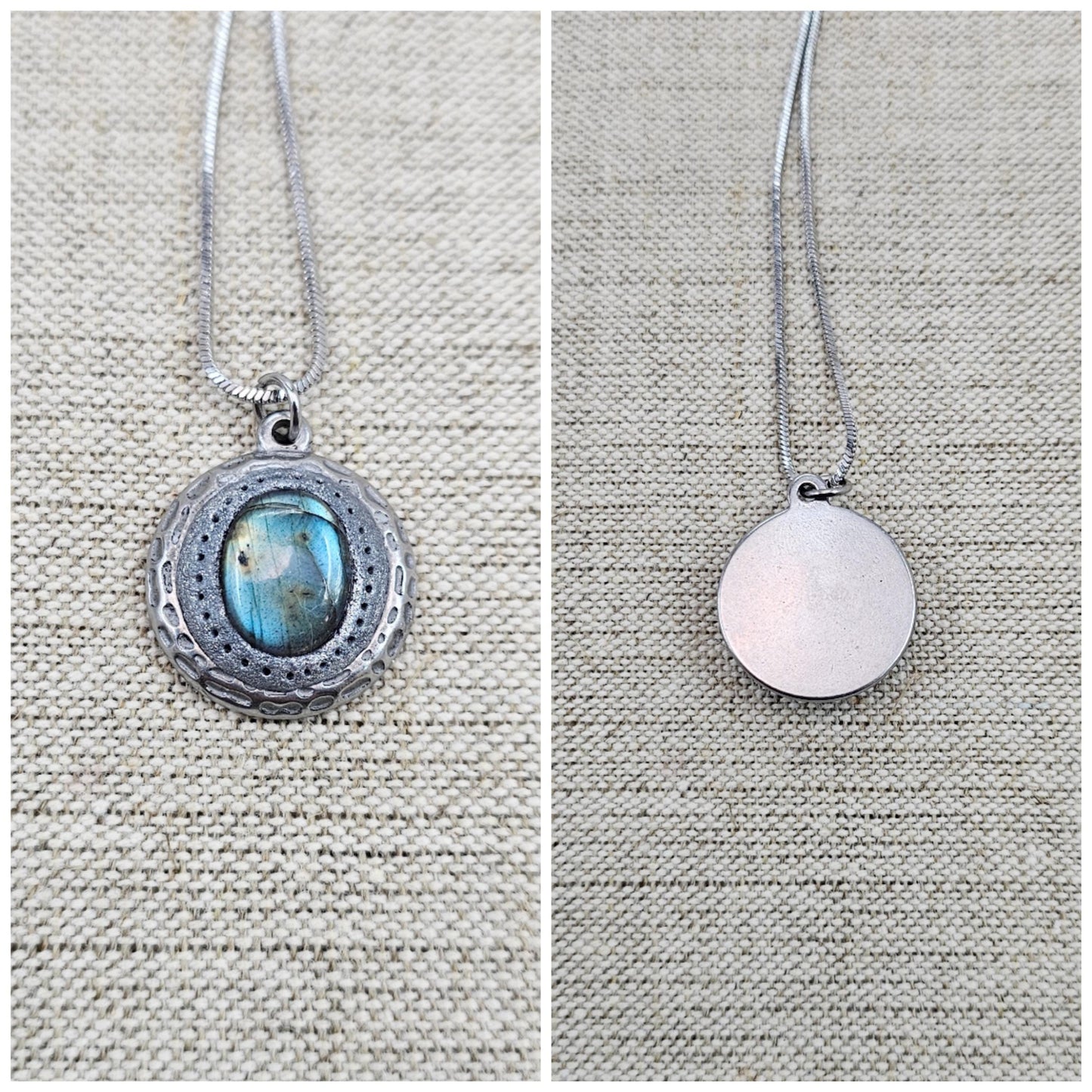 Handmade labradorite pendant necklace with a short stainless steel chain. Features a unique polymer clay setting. One of a kind magical jewelry, perfect gift for her.