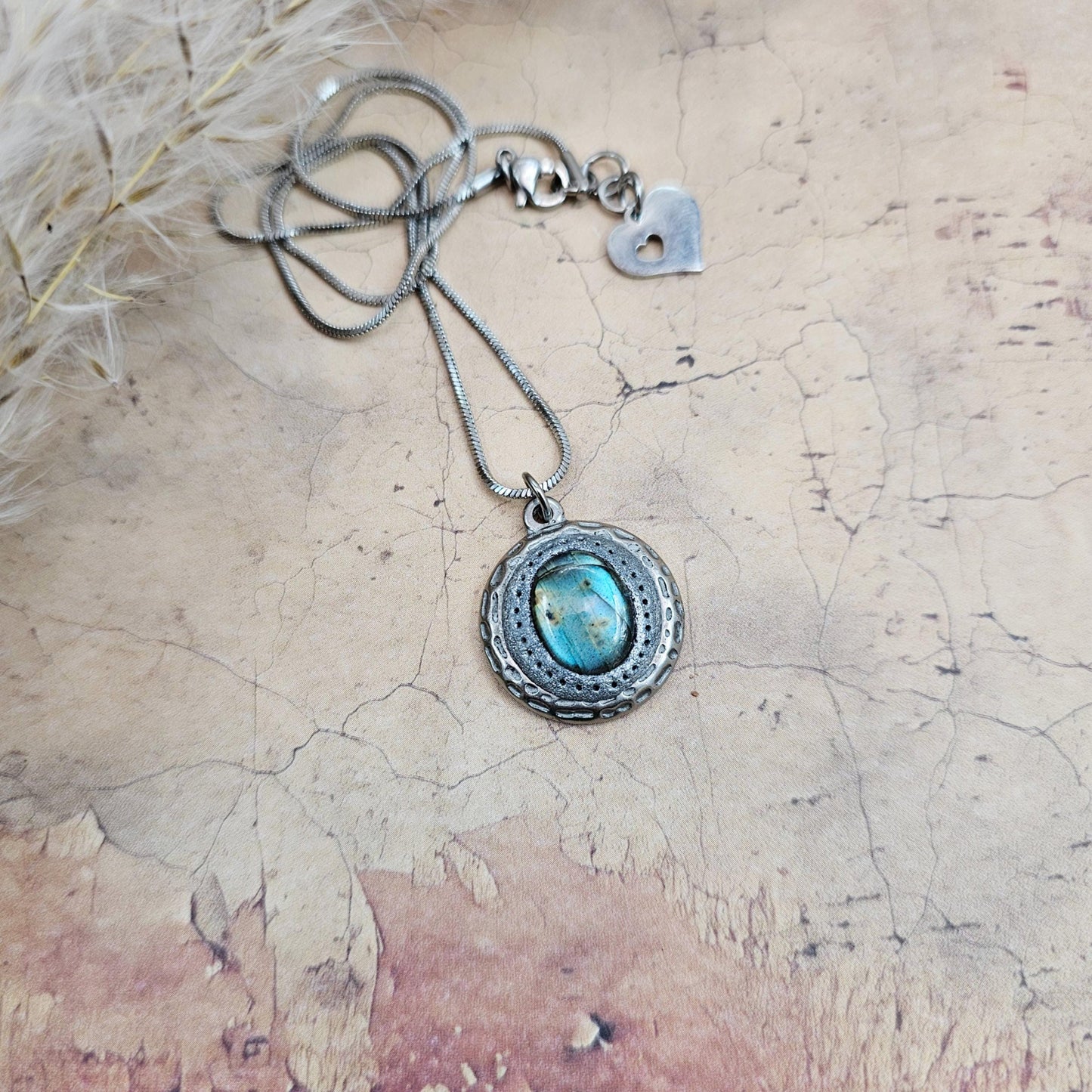 Handmade labradorite pendant necklace with a short stainless steel chain. Features a unique polymer clay setting. One of a kind magical jewelry, perfect gift for her.