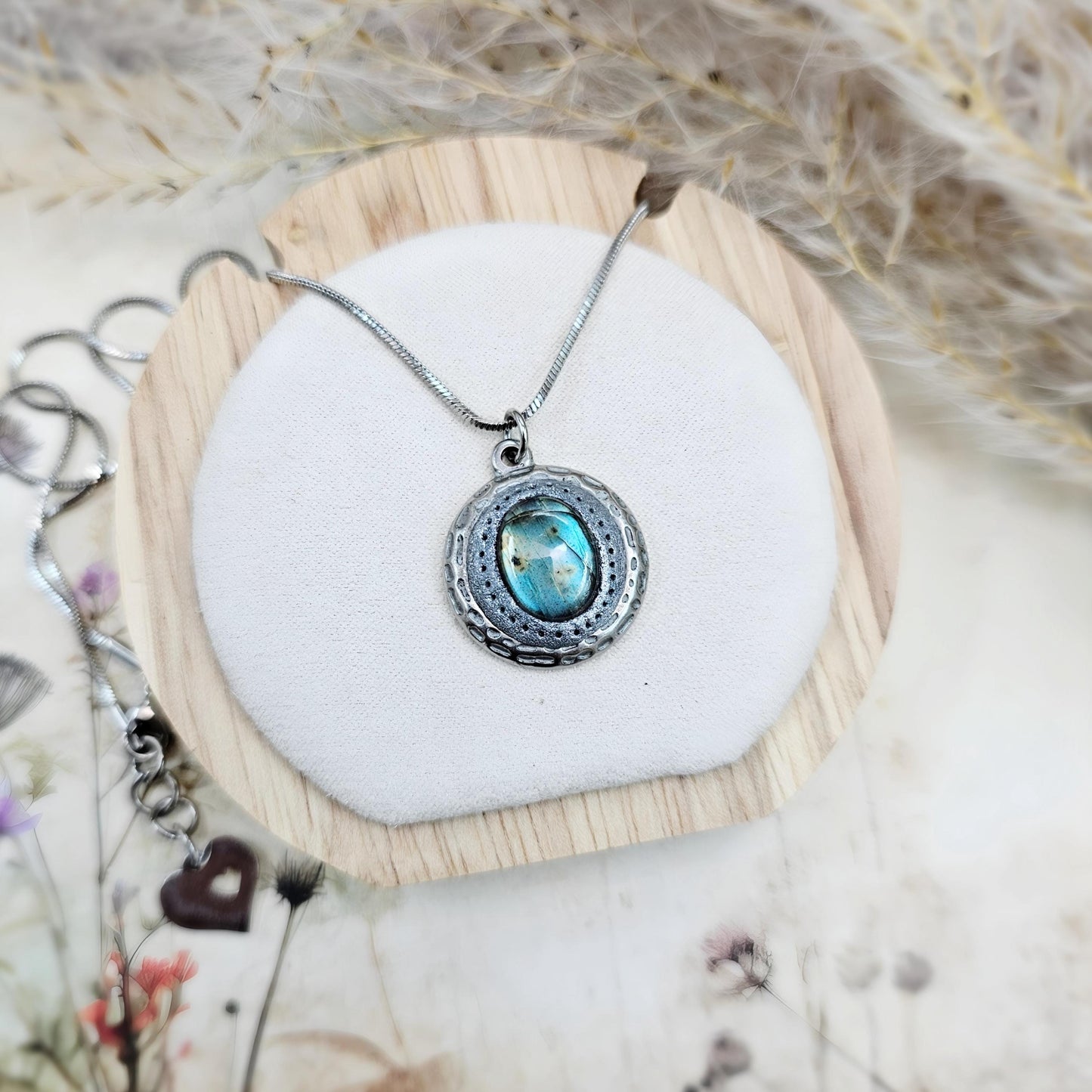 Handmade labradorite pendant necklace with a short stainless steel chain. Features a unique polymer clay setting. One of a kind magical jewelry, perfect gift for her.