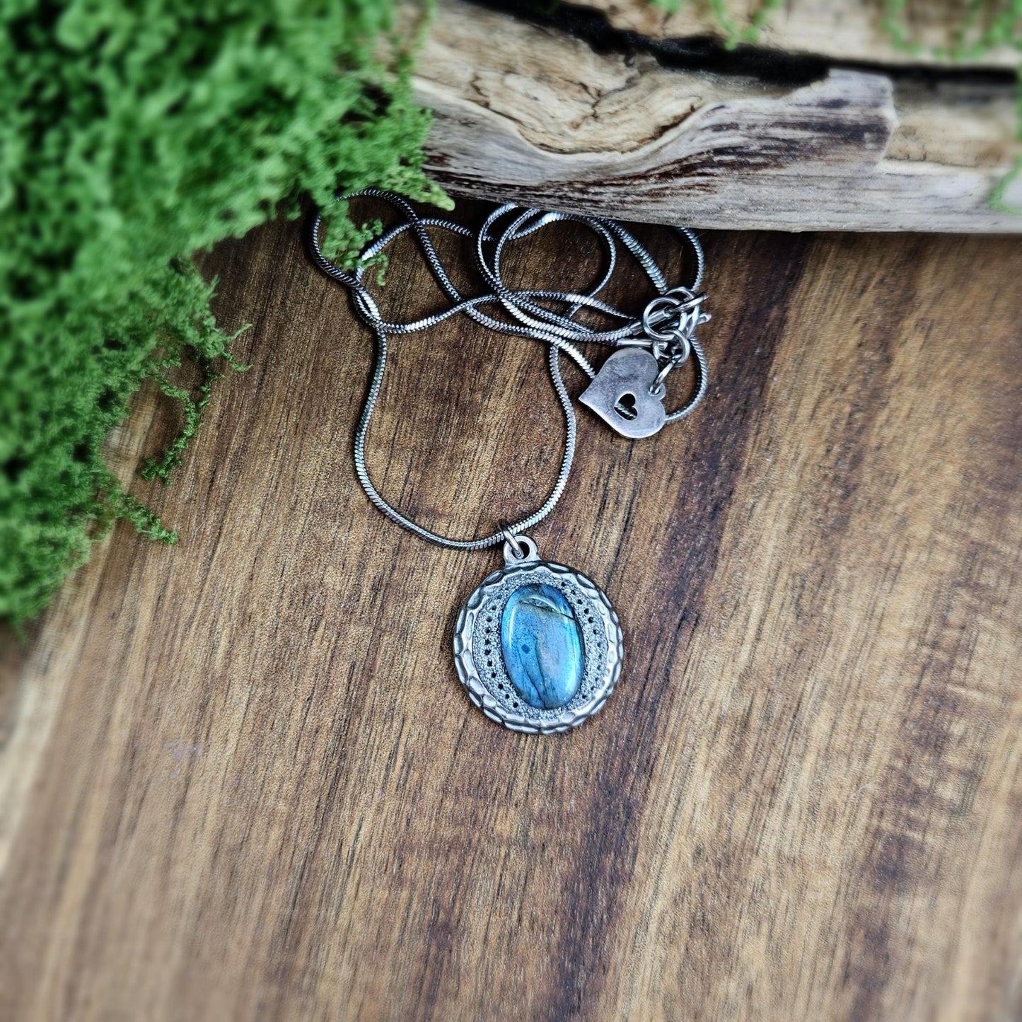 Handmade labradorite pendant necklace with a short stainless steel chain. Features a unique polymer clay setting. One of a kind magical jewelry, perfect gift for her.