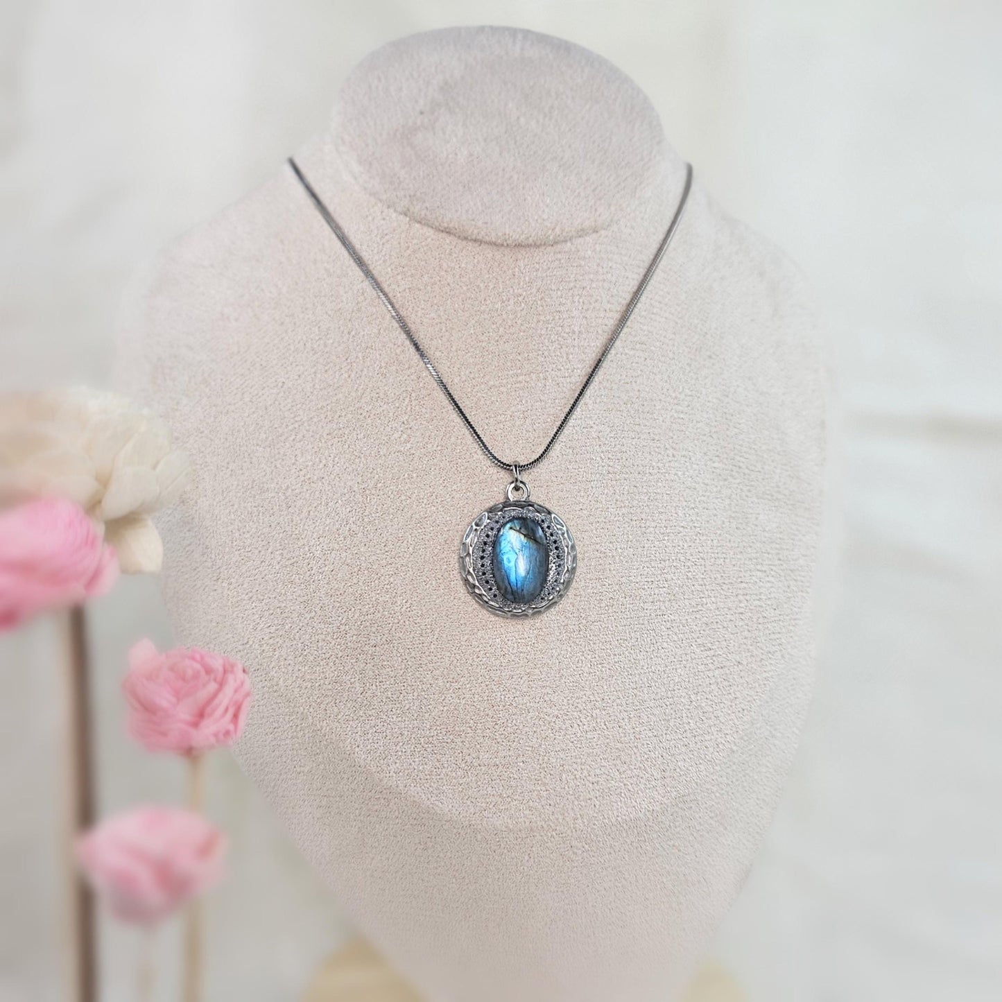 Handmade labradorite pendant necklace with a short stainless steel chain. Features a unique polymer clay setting. One of a kind magical jewelry, perfect gift for her.