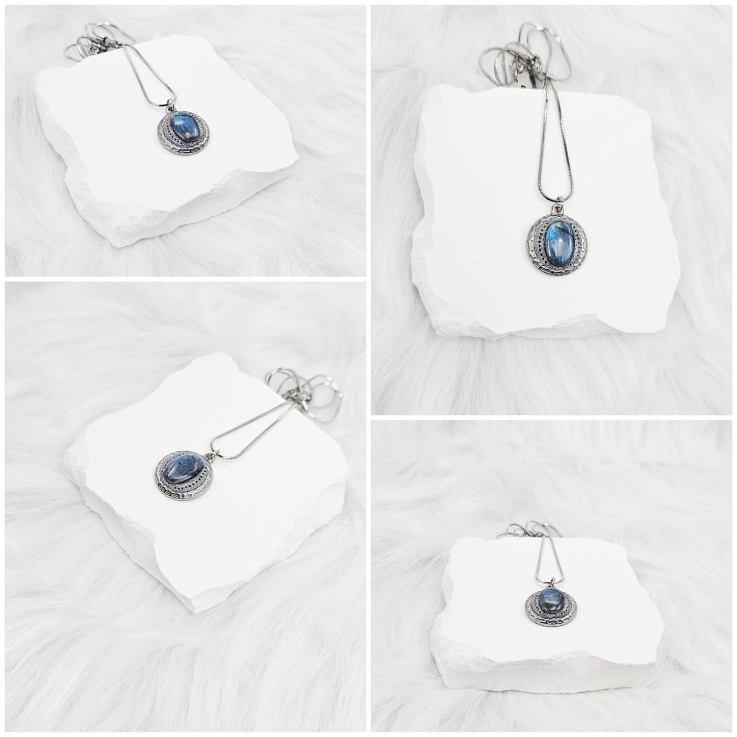 Handmade labradorite pendant necklace with a short stainless steel chain. Features a unique polymer clay setting. One of a kind magical jewelry, perfect gift for her.