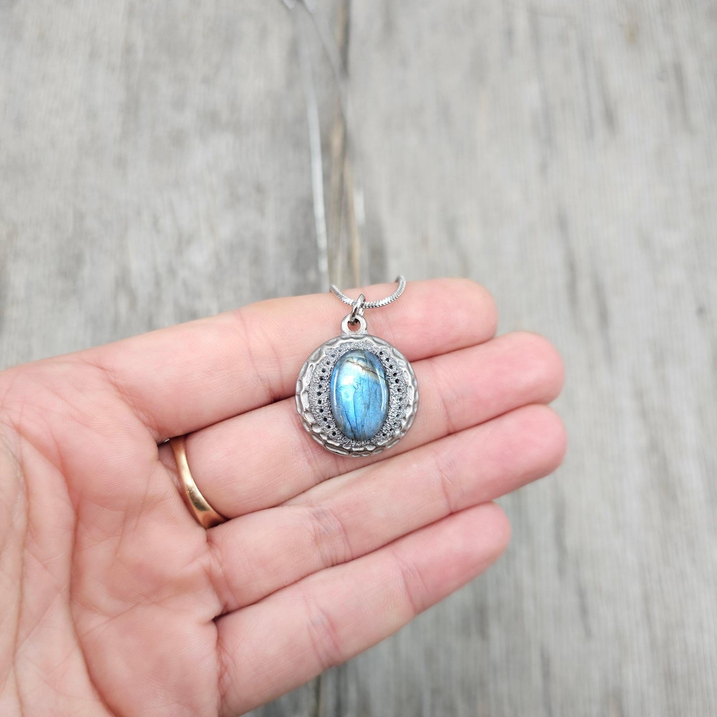Handmade labradorite pendant necklace with a short stainless steel chain. Features a unique polymer clay setting. One of a kind magical jewelry, perfect gift for her.