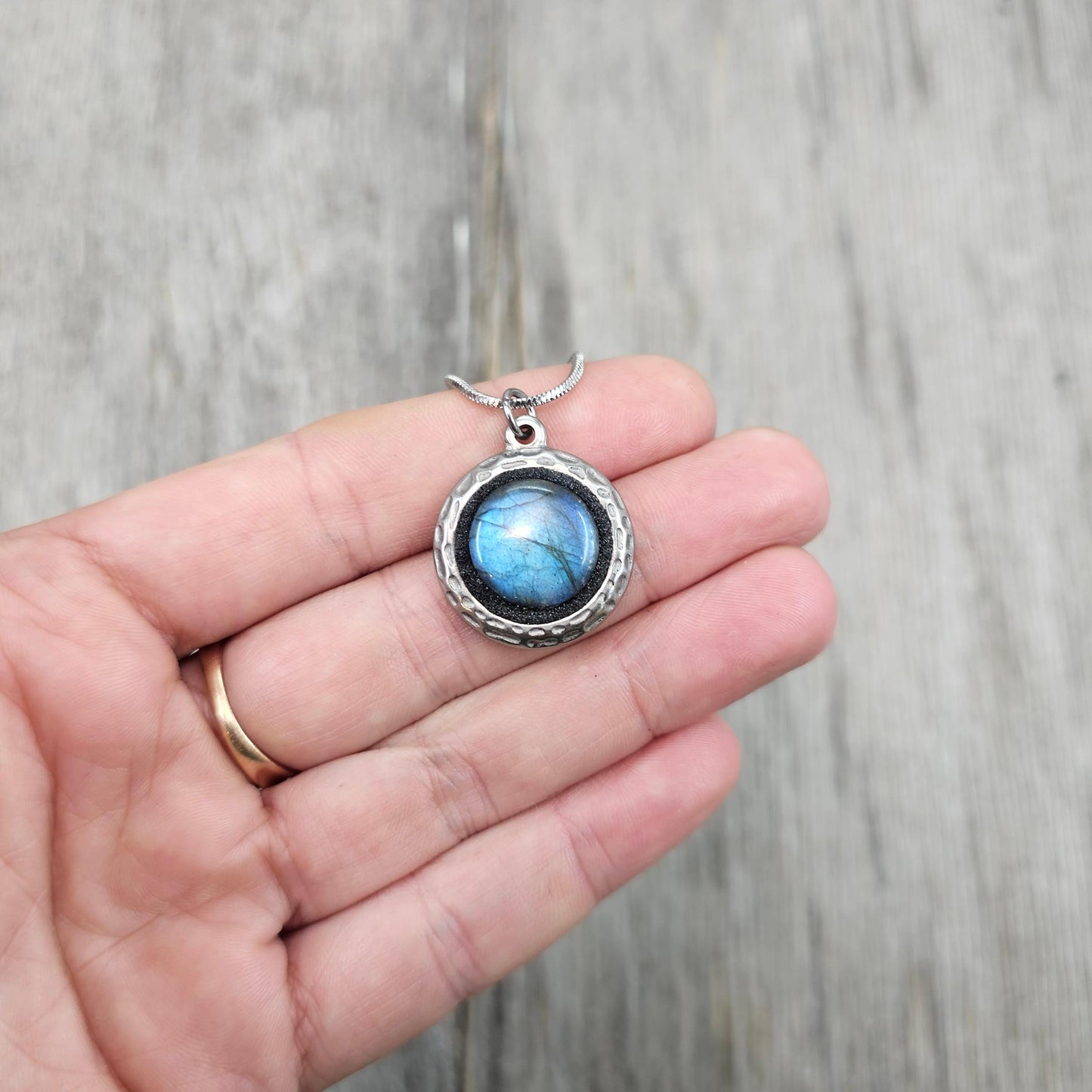 Handmade labradorite pendant necklace with a short stainless steel chain. Features a unique polymer clay setting. One of a kind magical jewelry, perfect gift for her.