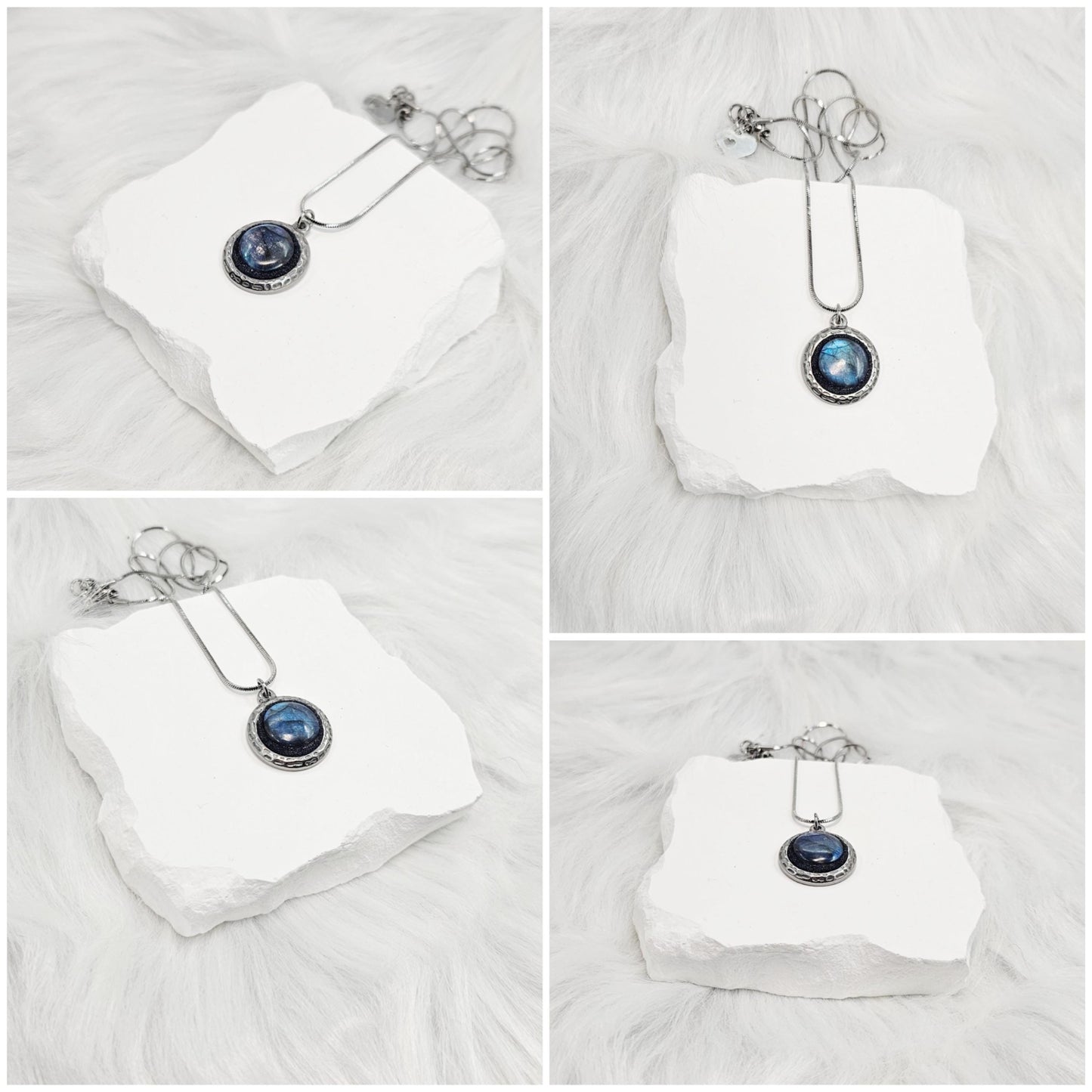 Handmade labradorite pendant necklace with a short stainless steel chain. Features a unique polymer clay setting. One of a kind magical jewelry, perfect gift for her.