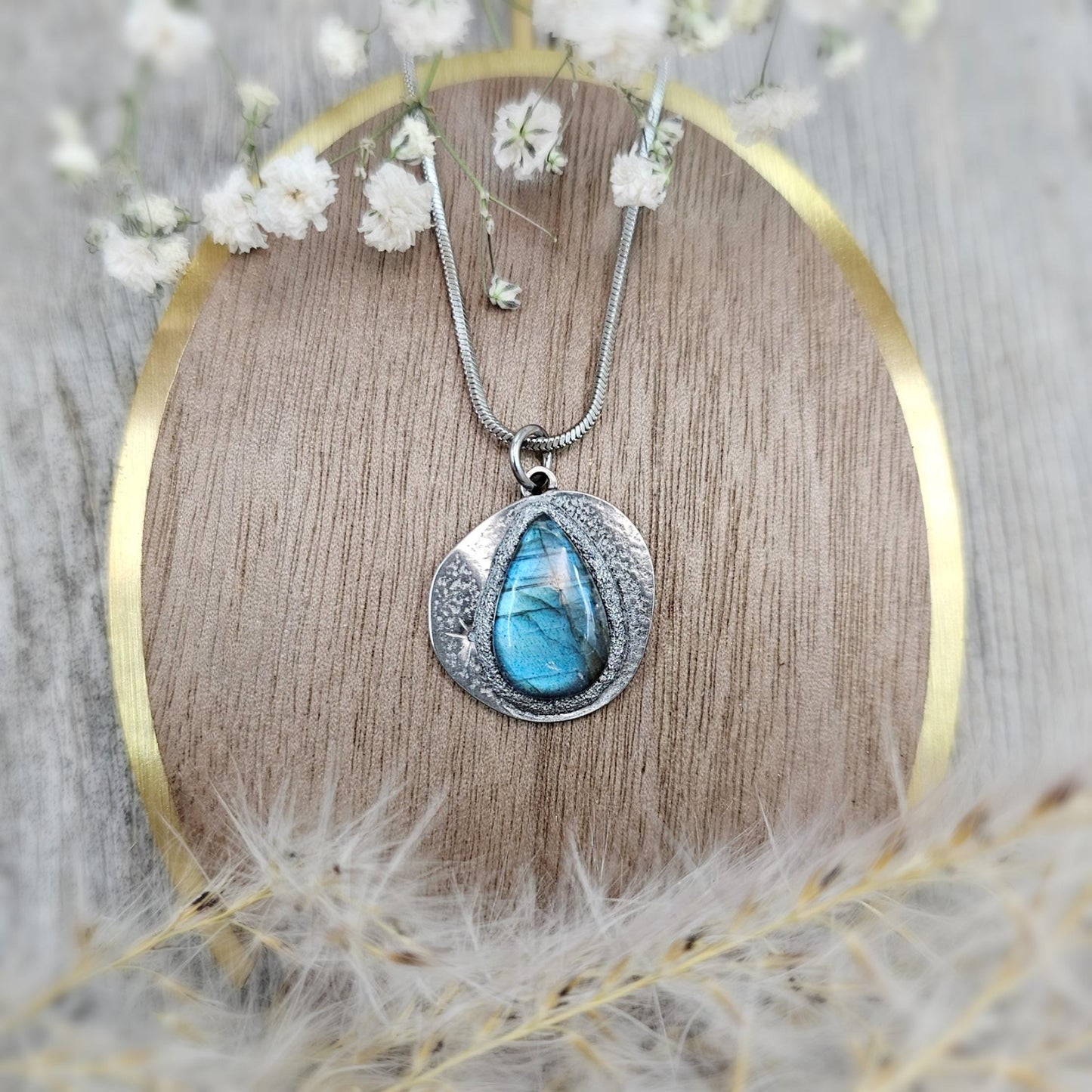 Handmade labradorite pendant necklace with a short stainless steel chain. Features a unique polymer clay setting. One of a kind magical jewelry, perfect gift for her.
