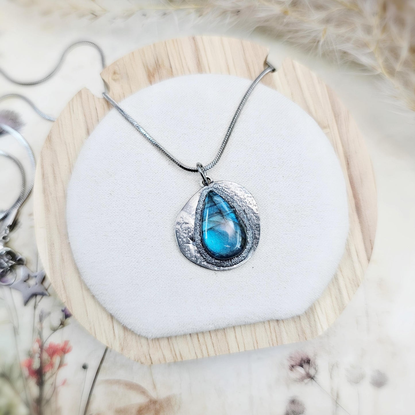 Handmade labradorite pendant necklace with a short stainless steel chain. Features a unique polymer clay setting. One of a kind magical jewelry, perfect gift for her.