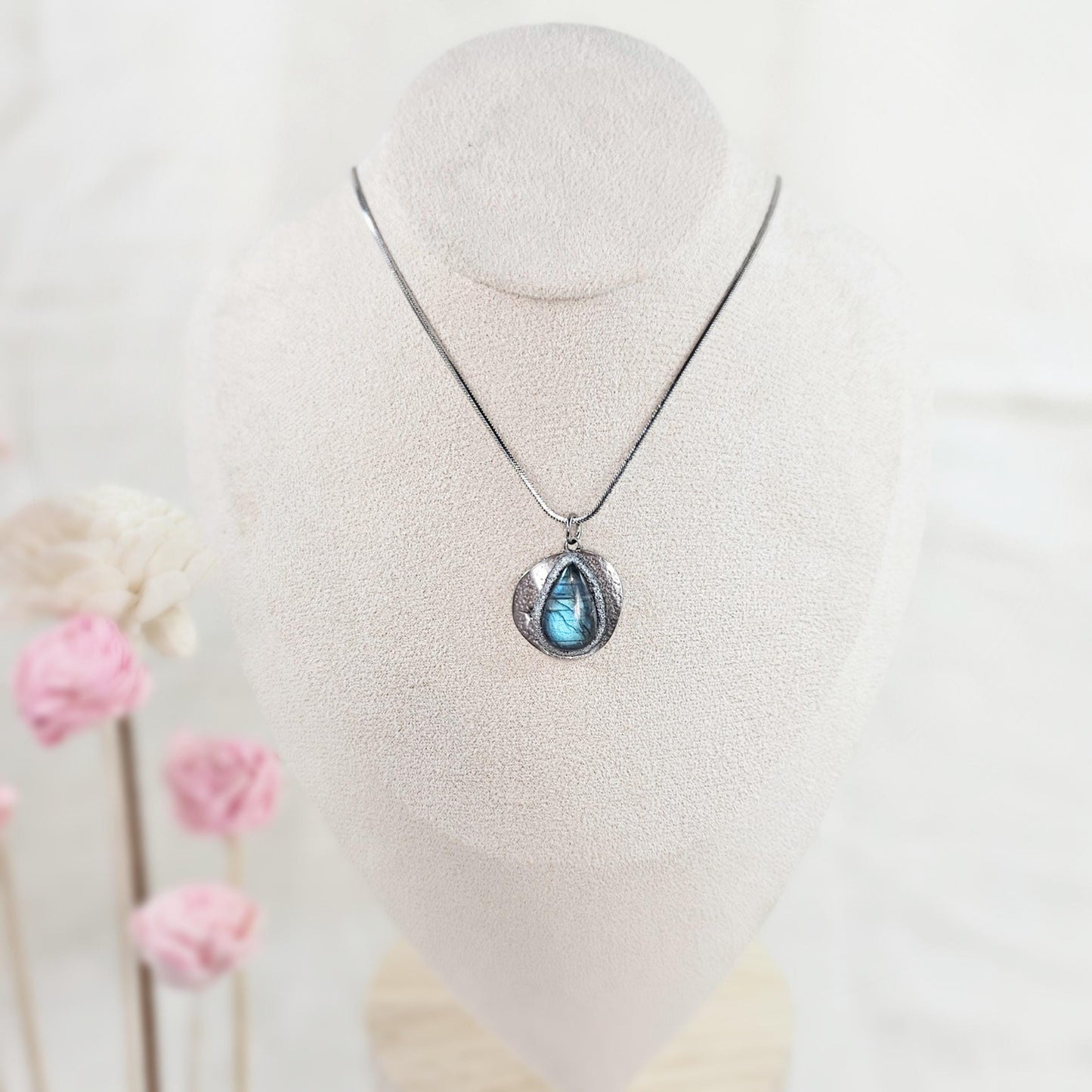 Handmade labradorite pendant necklace with a short stainless steel chain. Features a unique polymer clay setting. One of a kind magical jewelry, perfect gift for her.