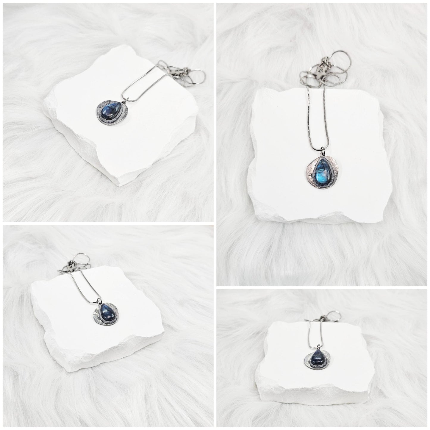 Handmade labradorite pendant necklace with a short stainless steel chain. Features a unique polymer clay setting. One of a kind magical jewelry, perfect gift for her.