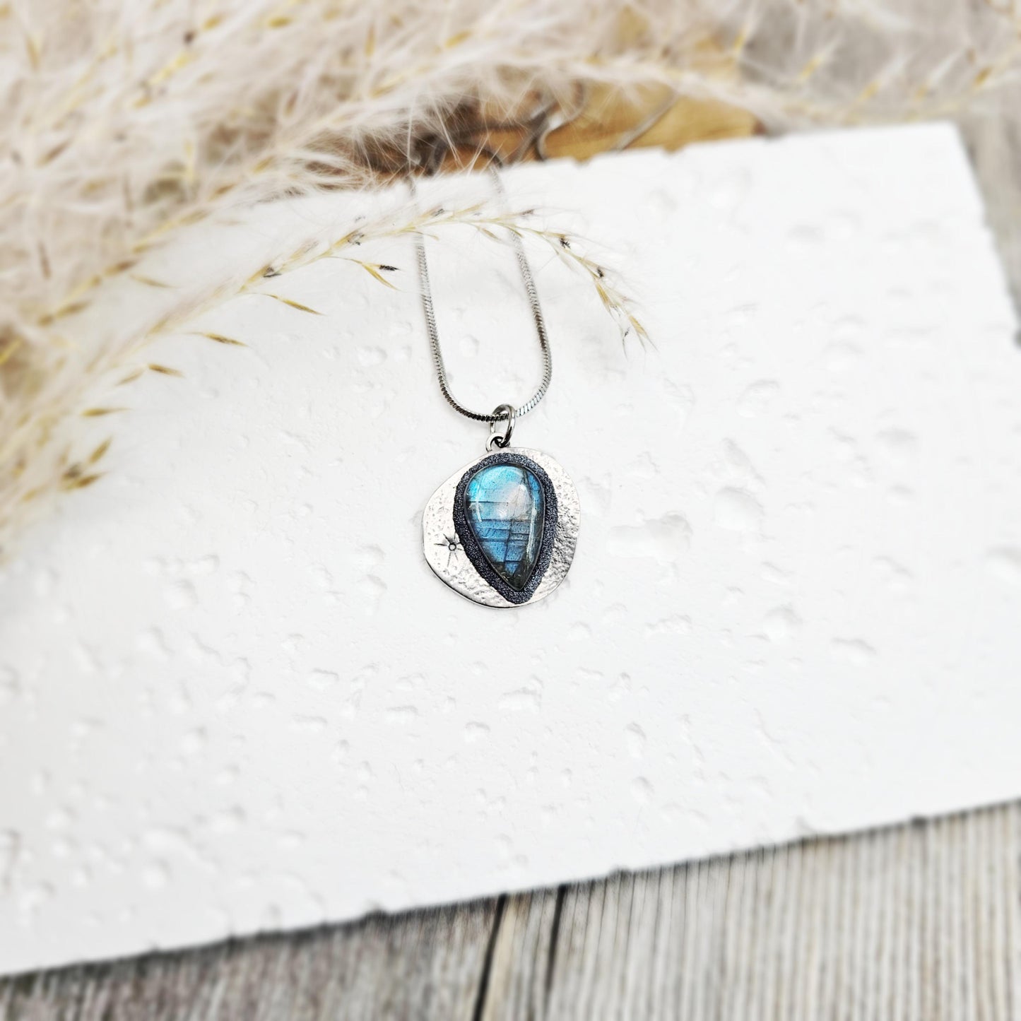 Handmade labradorite pendant necklace with a short stainless steel chain. Features a unique polymer clay setting. One of a kind magical jewelry, perfect gift for her.