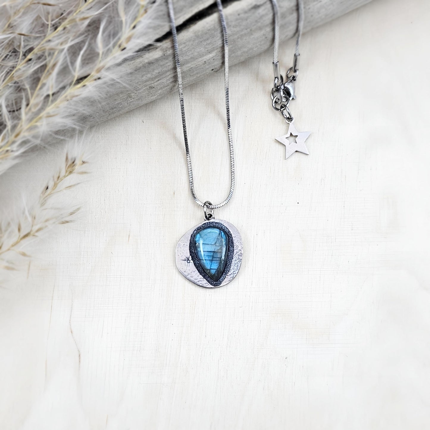 Handmade labradorite pendant necklace with a short stainless steel chain. Features a unique polymer clay setting. One of a kind magical jewelry, perfect gift for her.