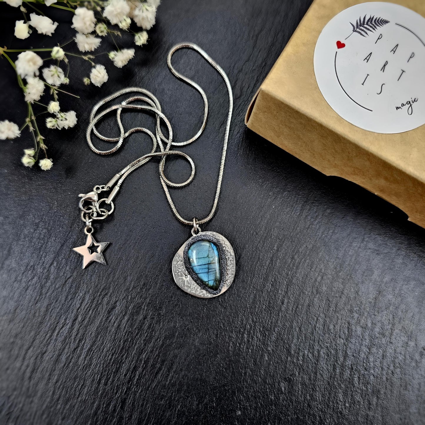 Handmade labradorite pendant necklace with a short stainless steel chain. Features a unique polymer clay setting. One of a kind magical jewelry, perfect gift for her.
