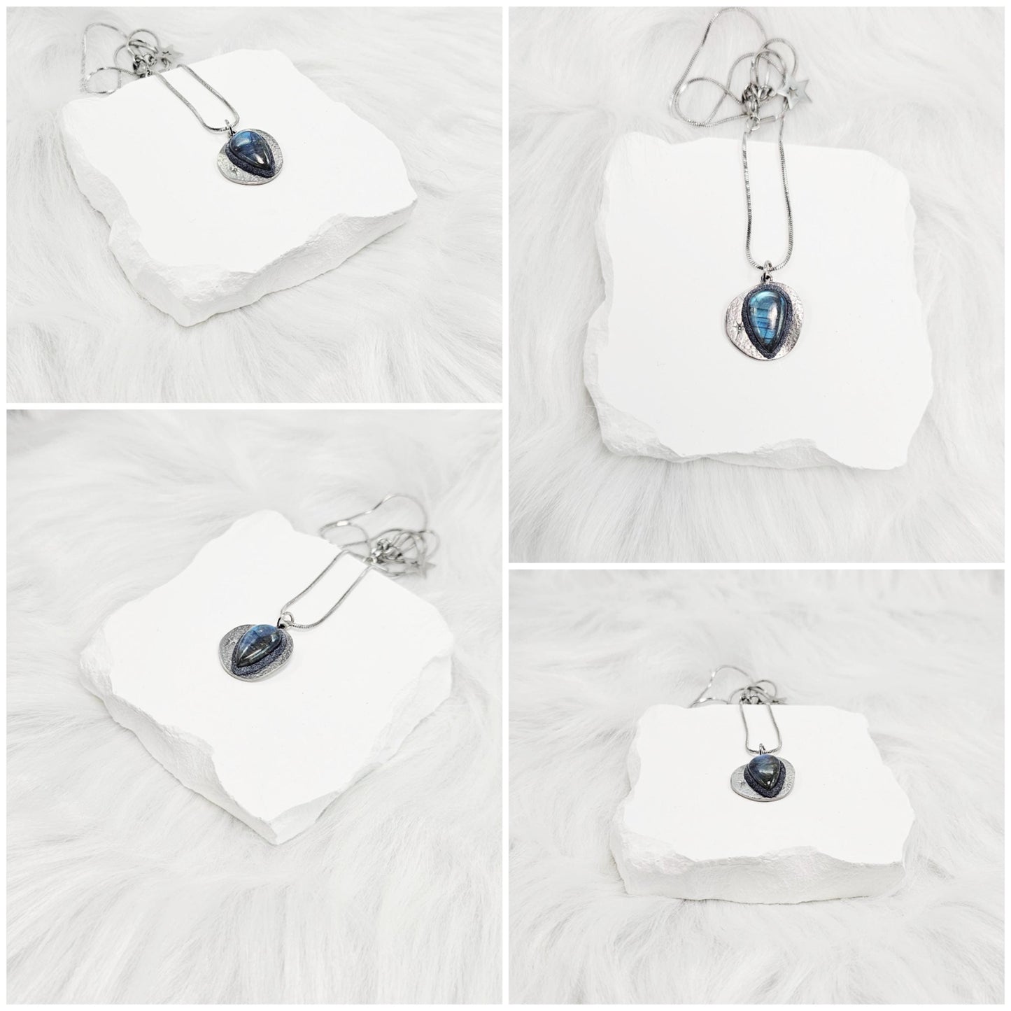 Handmade labradorite pendant necklace with a short stainless steel chain. Features a unique polymer clay setting. One of a kind magical jewelry, perfect gift for her.