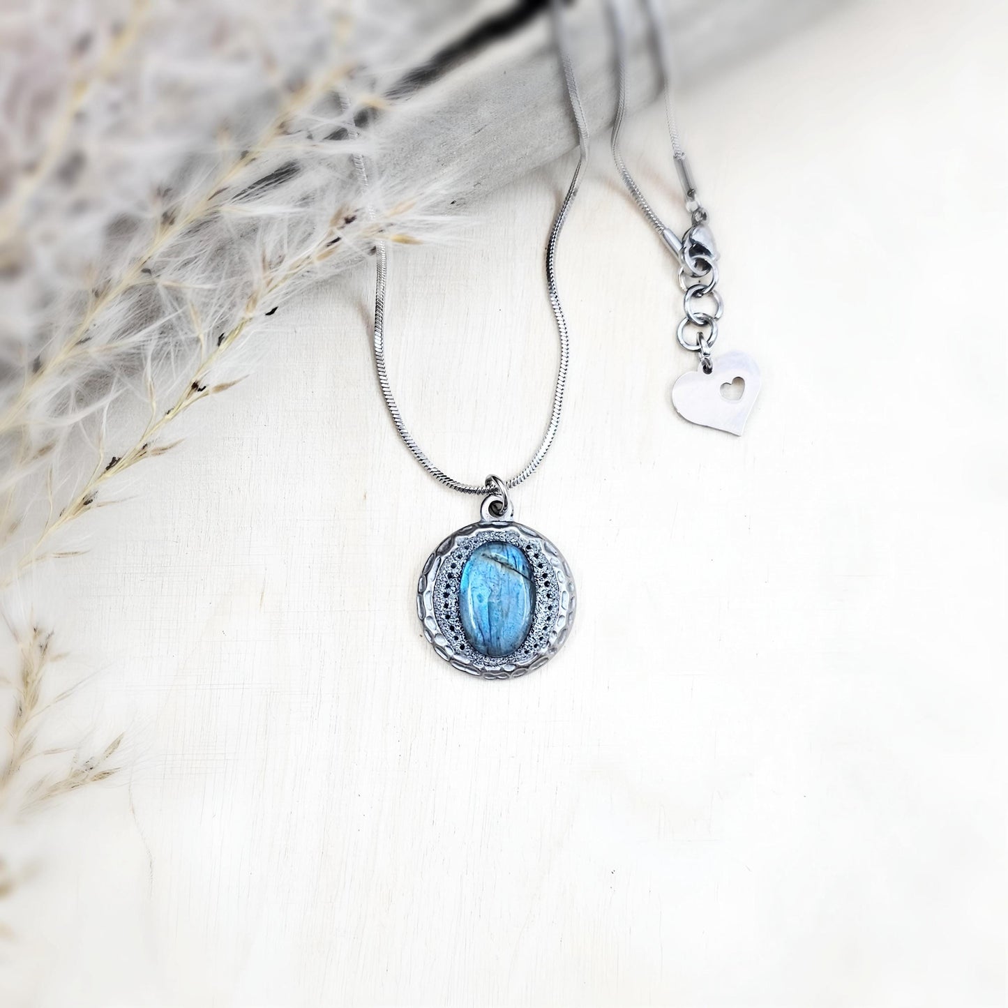 Handmade labradorite pendant necklace with a short stainless steel chain. Features a unique polymer clay setting. One of a kind magical jewelry, perfect gift for her.