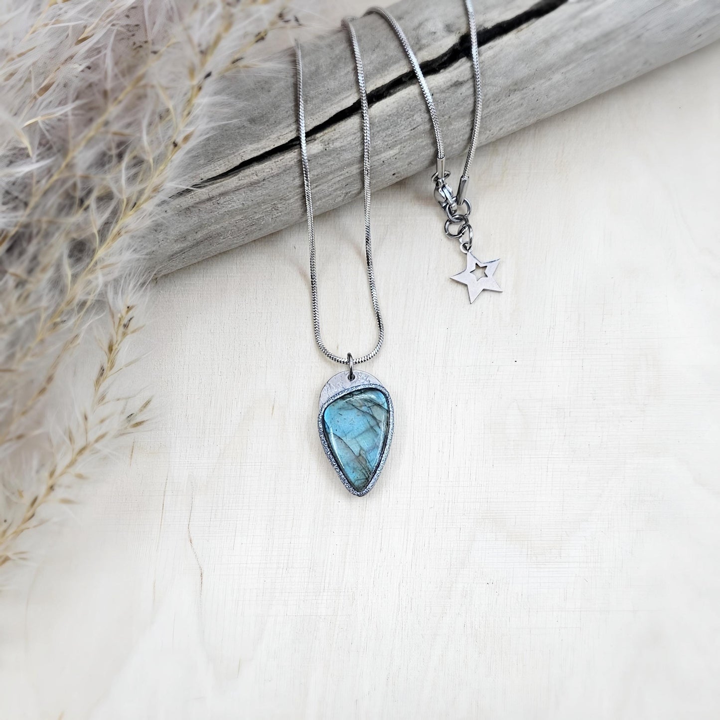 Handmade labradorite pendant necklace with a short stainless steel chain. Features a unique polymer clay setting. One of a kind magical jewelry, perfect gift for her.