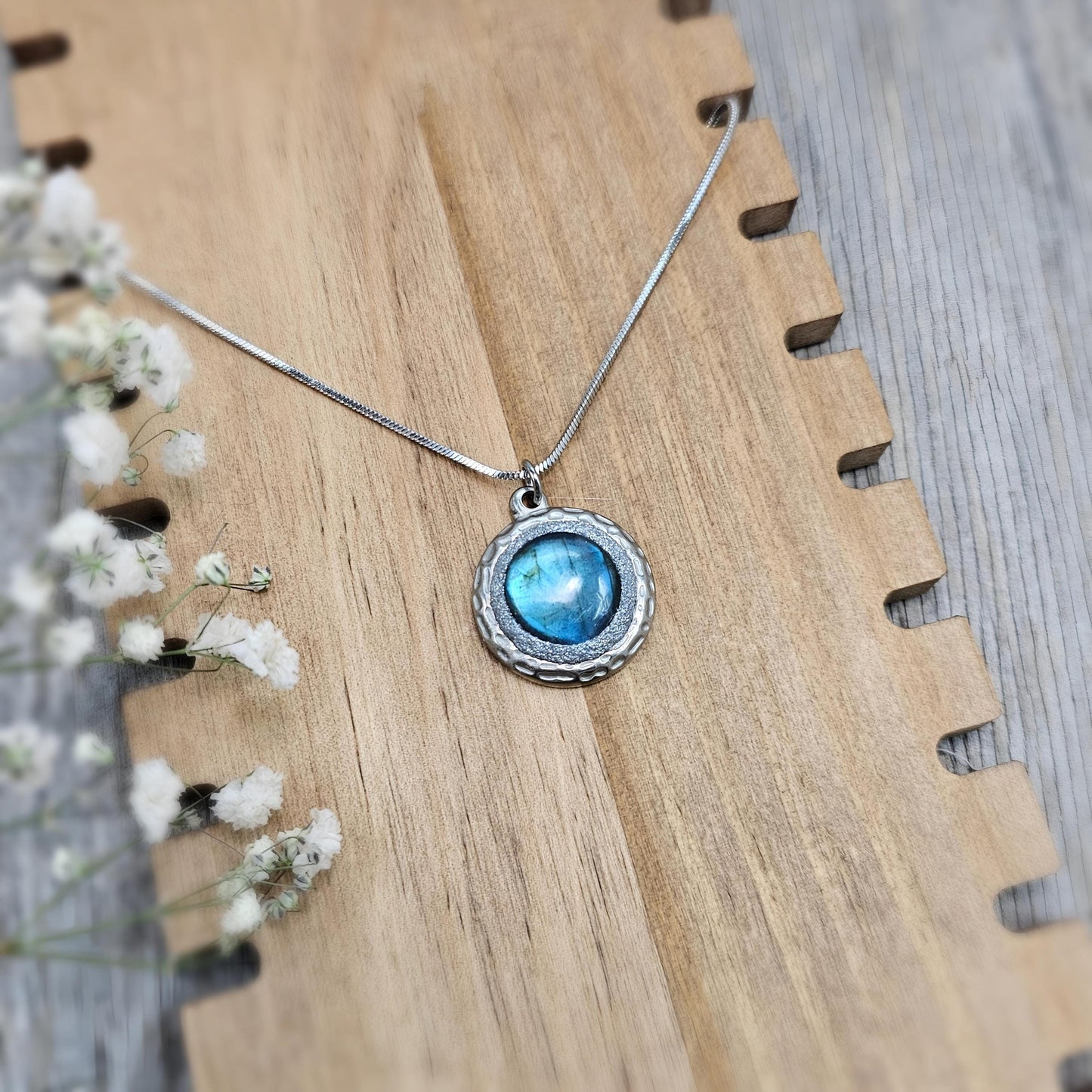 Handmade labradorite pendant necklace with a short stainless steel chain. Features a unique polymer clay setting. One of a kind magical jewelry, perfect gift for her.