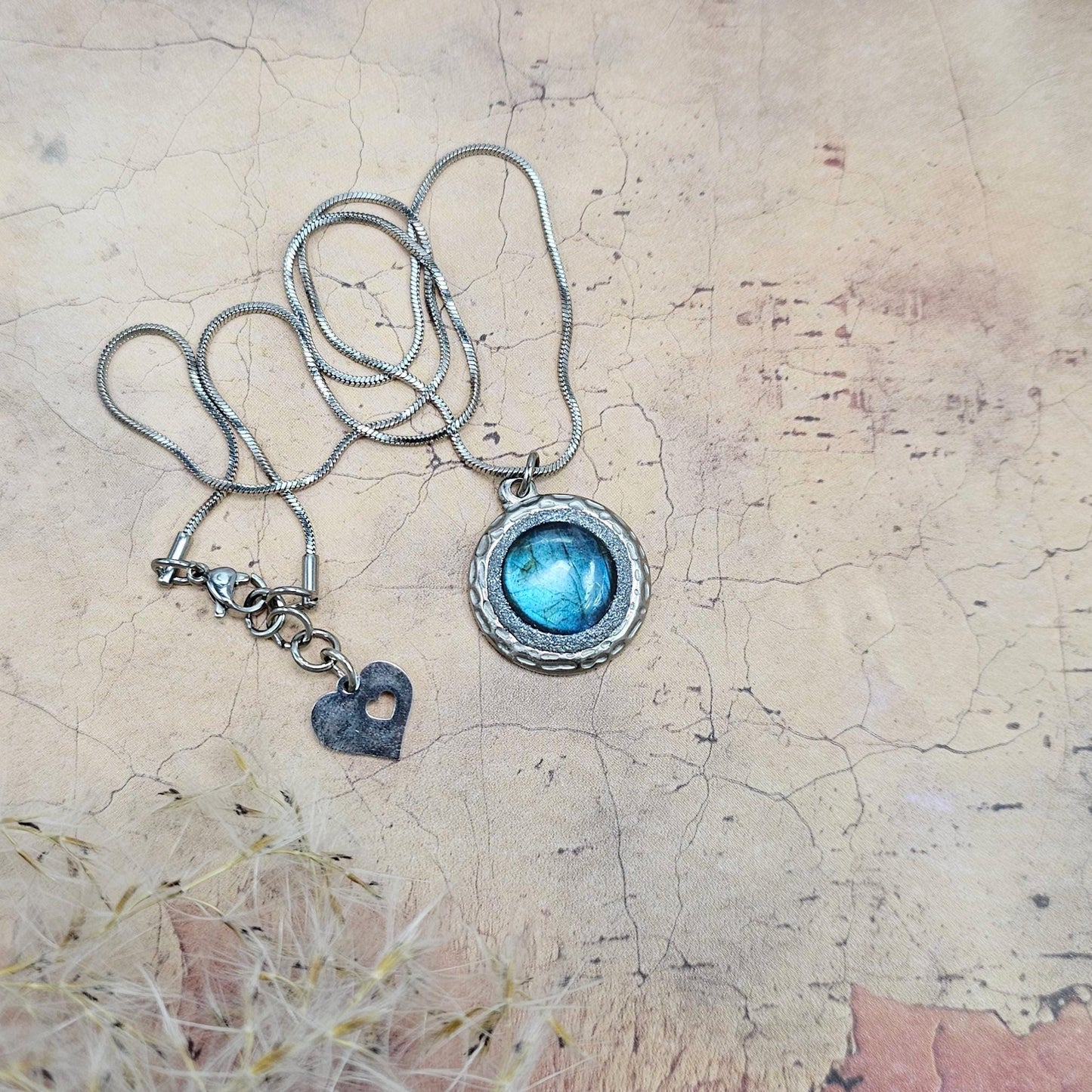 Handmade labradorite pendant necklace with a short stainless steel chain. Features a unique polymer clay setting. One of a kind magical jewelry, perfect gift for her.