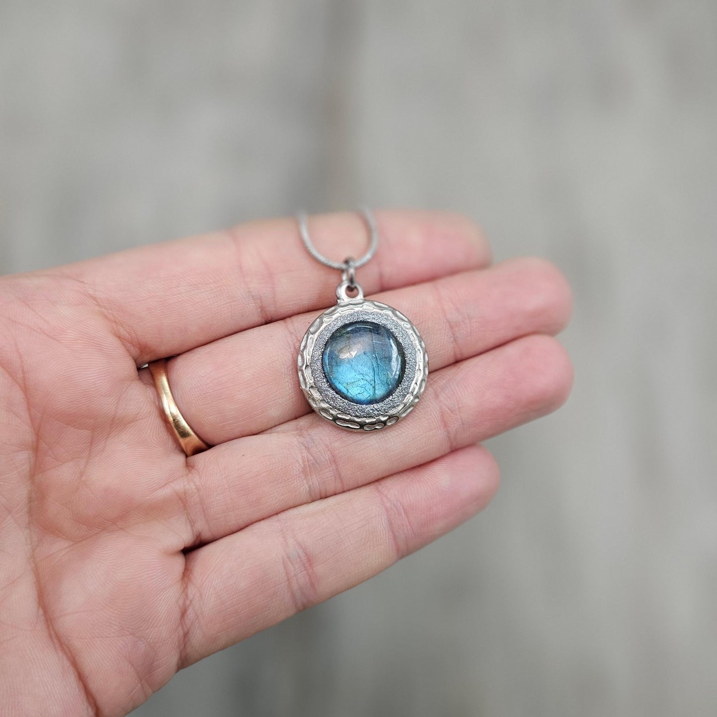 Handmade labradorite pendant necklace with a short stainless steel chain. Features a unique polymer clay setting. One of a kind magical jewelry, perfect gift for her.