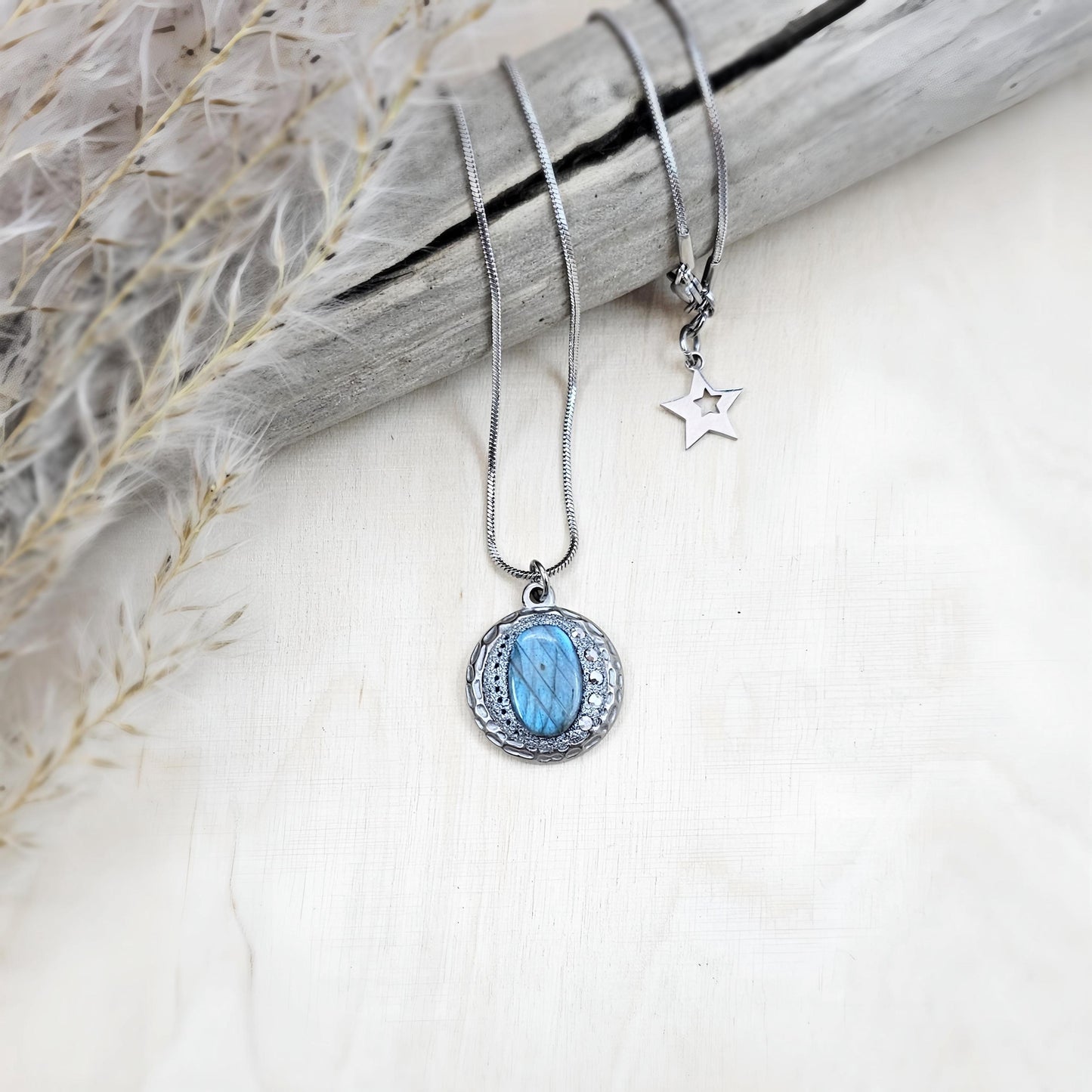 Handmade labradorite pendant necklace with a short stainless steel chain. Features a unique polymer clay setting. One of a kind magical jewelry, perfect gift for her.