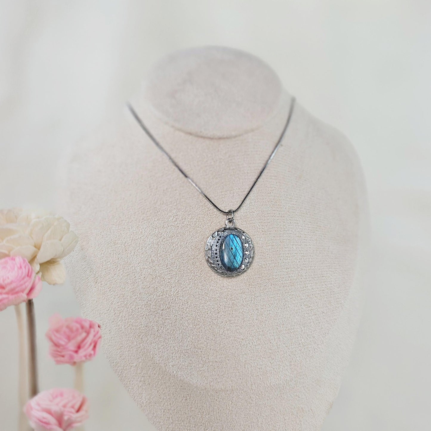 Handmade labradorite pendant necklace with a short stainless steel chain. Features a unique polymer clay setting. One of a kind magical jewelry, perfect gift for her.