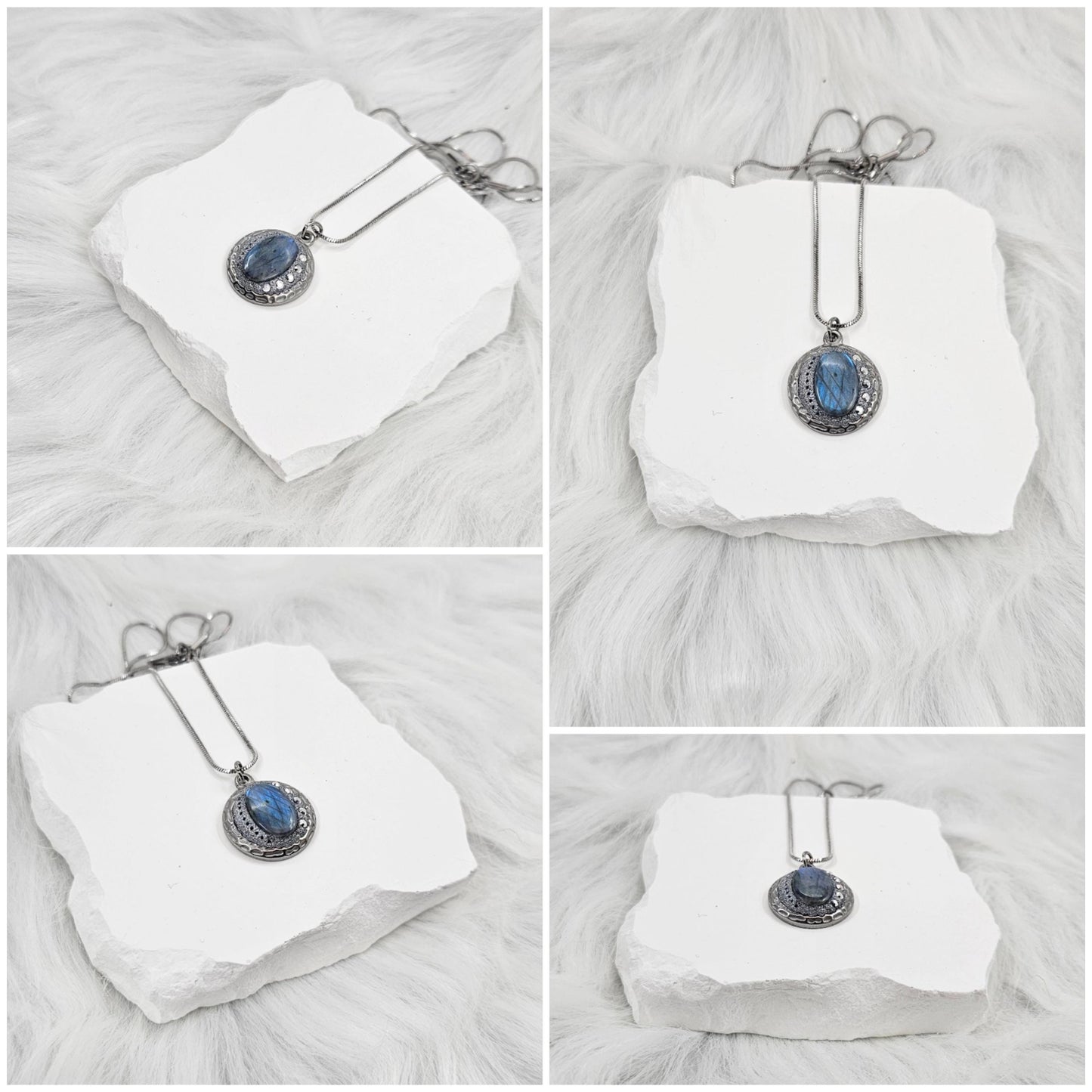 Handmade labradorite pendant necklace with a short stainless steel chain. Features a unique polymer clay setting. One of a kind magical jewelry, perfect gift for her.