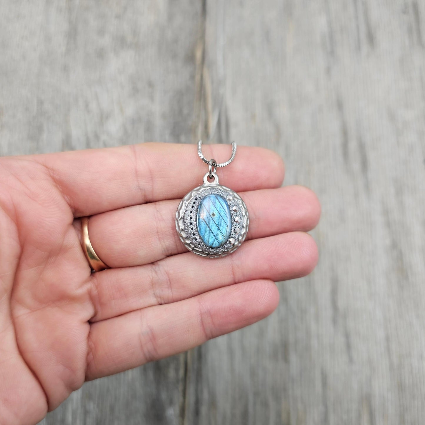 Handmade labradorite pendant necklace with a short stainless steel chain. Features a unique polymer clay setting. One of a kind magical jewelry, perfect gift for her.