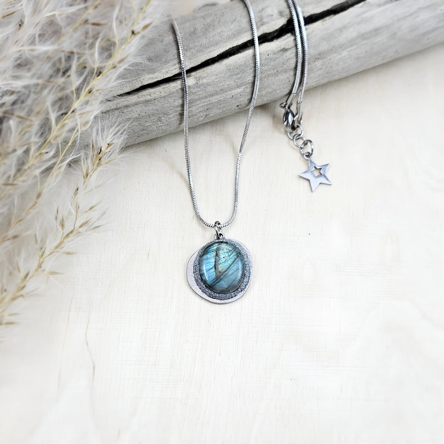 Handmade labradorite pendant necklace with a short stainless steel chain. Features a unique polymer clay setting. One of a kind magical jewelry, perfect gift for her.