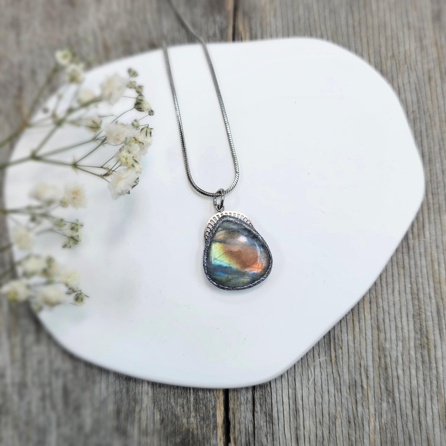 Handmade labradorite pendant necklace with a short stainless steel chain. Features a unique polymer clay setting. One of a kind magical jewelry, perfect gift for her.