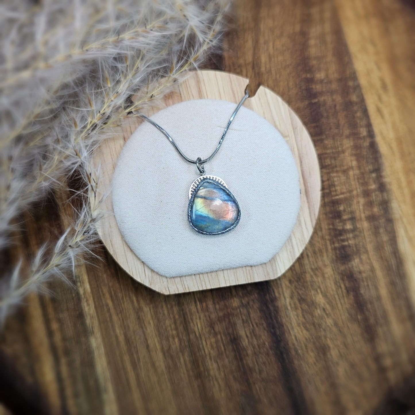 Handmade labradorite pendant necklace with a short stainless steel chain. Features a unique polymer clay setting. One of a kind magical jewelry, perfect gift for her.