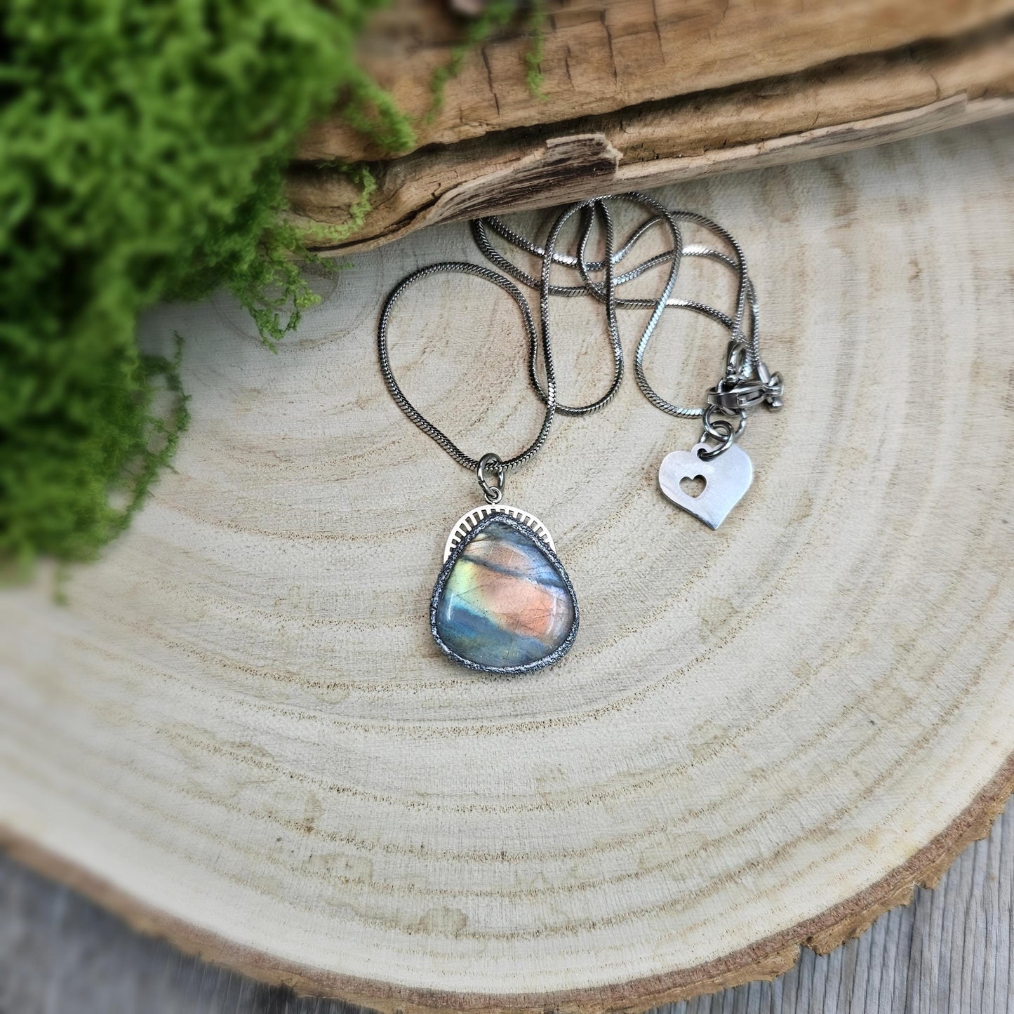 Handmade labradorite pendant necklace with a short stainless steel chain. Features a unique polymer clay setting. One of a kind magical jewelry, perfect gift for her.