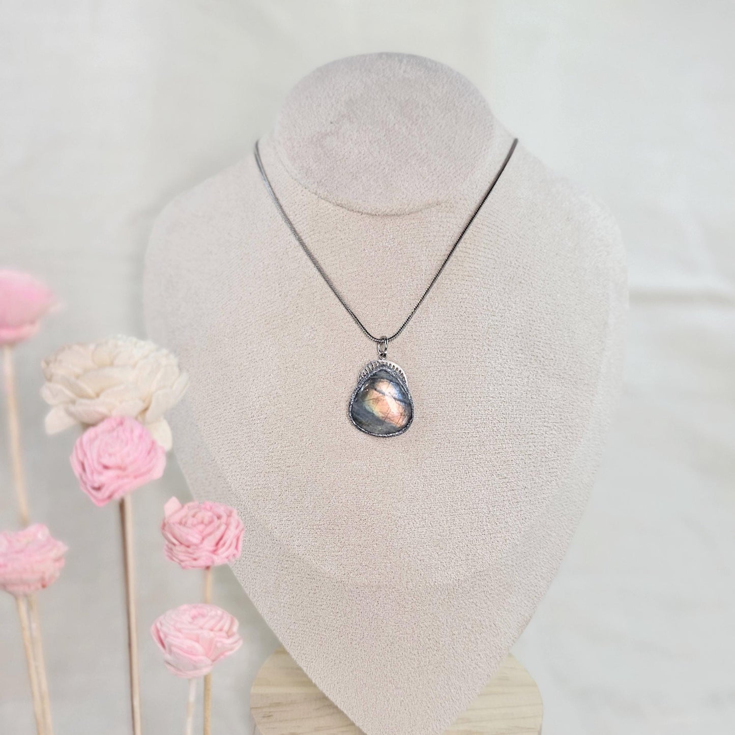 Handmade labradorite pendant necklace with a short stainless steel chain. Features a unique polymer clay setting. One of a kind magical jewelry, perfect gift for her.
