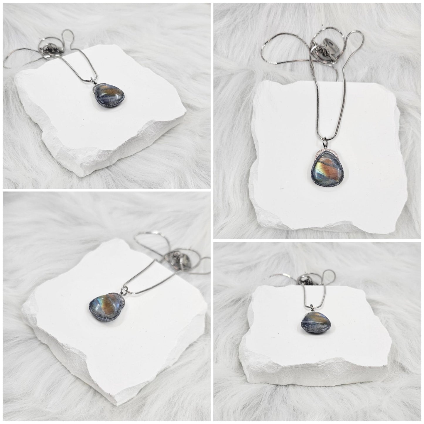 Handmade labradorite pendant necklace with a short stainless steel chain. Features a unique polymer clay setting. One of a kind magical jewelry, perfect gift for her.