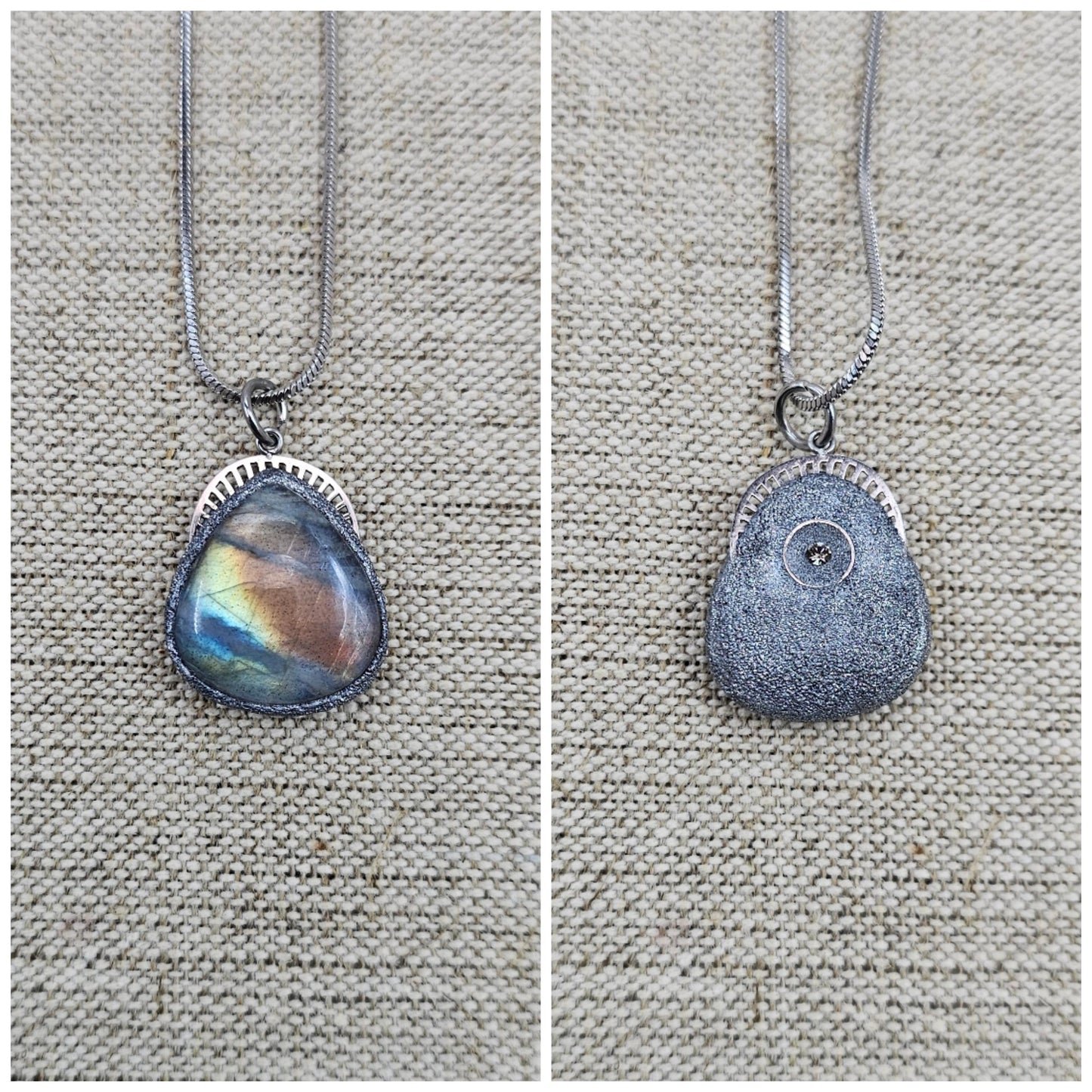 Handmade labradorite pendant necklace with a short stainless steel chain. Features a unique polymer clay setting. One of a kind magical jewelry, perfect gift for her.