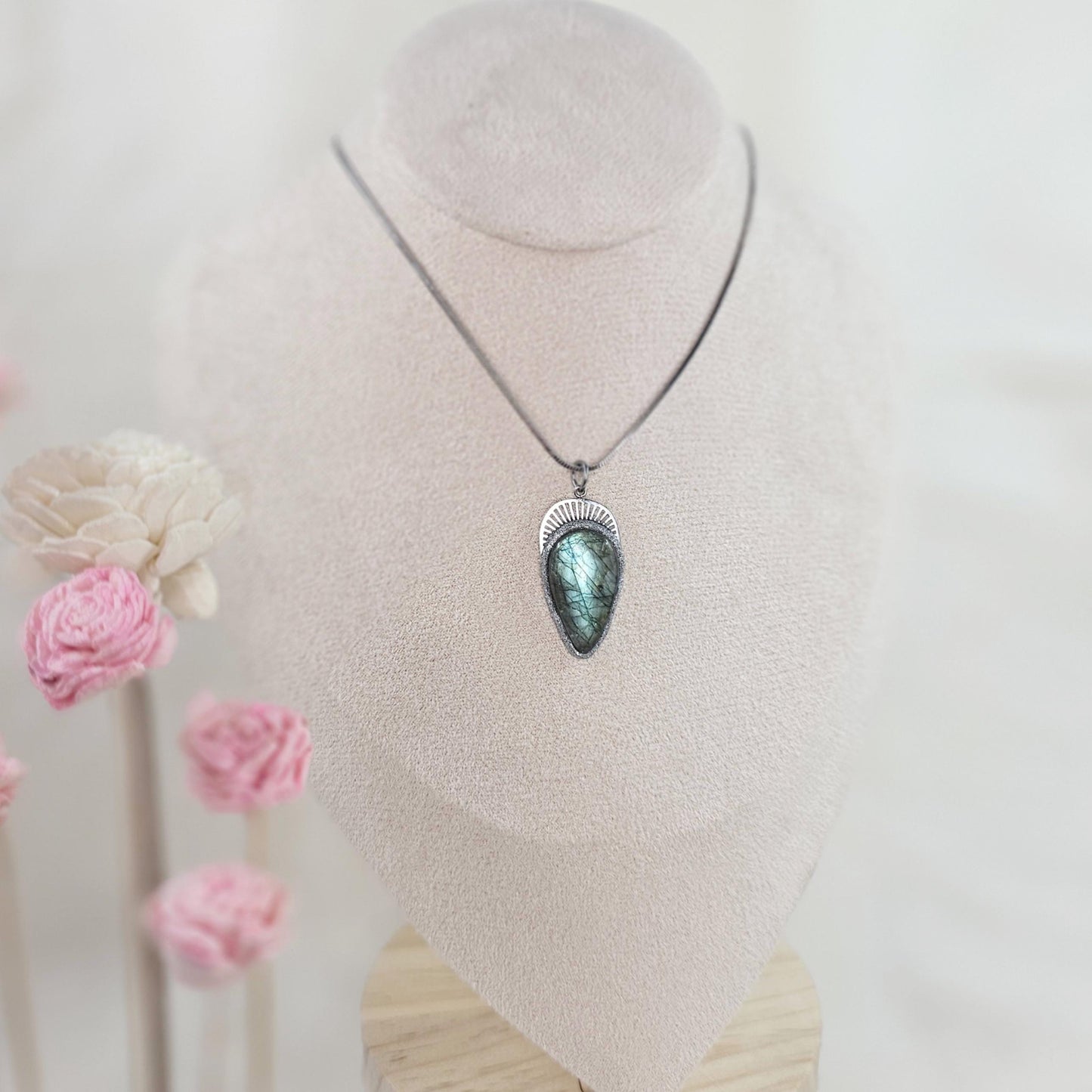 Handmade labradorite pendant necklace with a short stainless steel chain. Features a unique polymer clay setting. One of a kind magical jewelry, perfect gift for her.