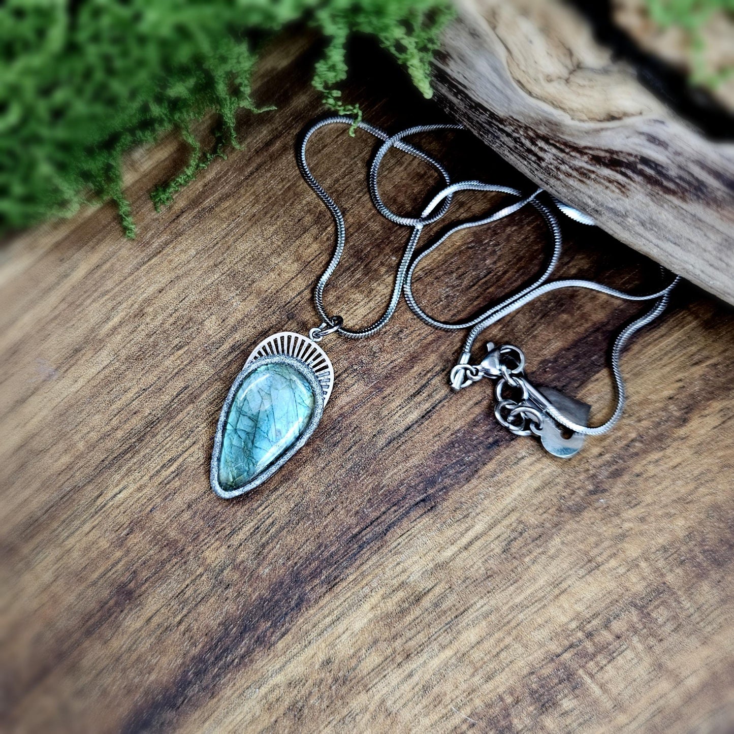 Handmade labradorite pendant necklace with a short stainless steel chain. Features a unique polymer clay setting. One of a kind magical jewelry, perfect gift for her.
