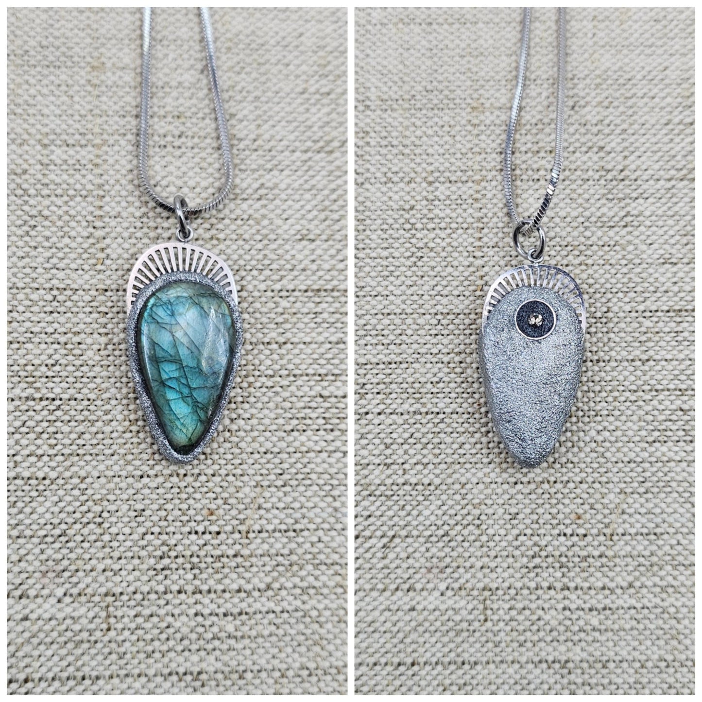 Handmade labradorite pendant necklace with a short stainless steel chain. Features a unique polymer clay setting. One of a kind magical jewelry, perfect gift for her.