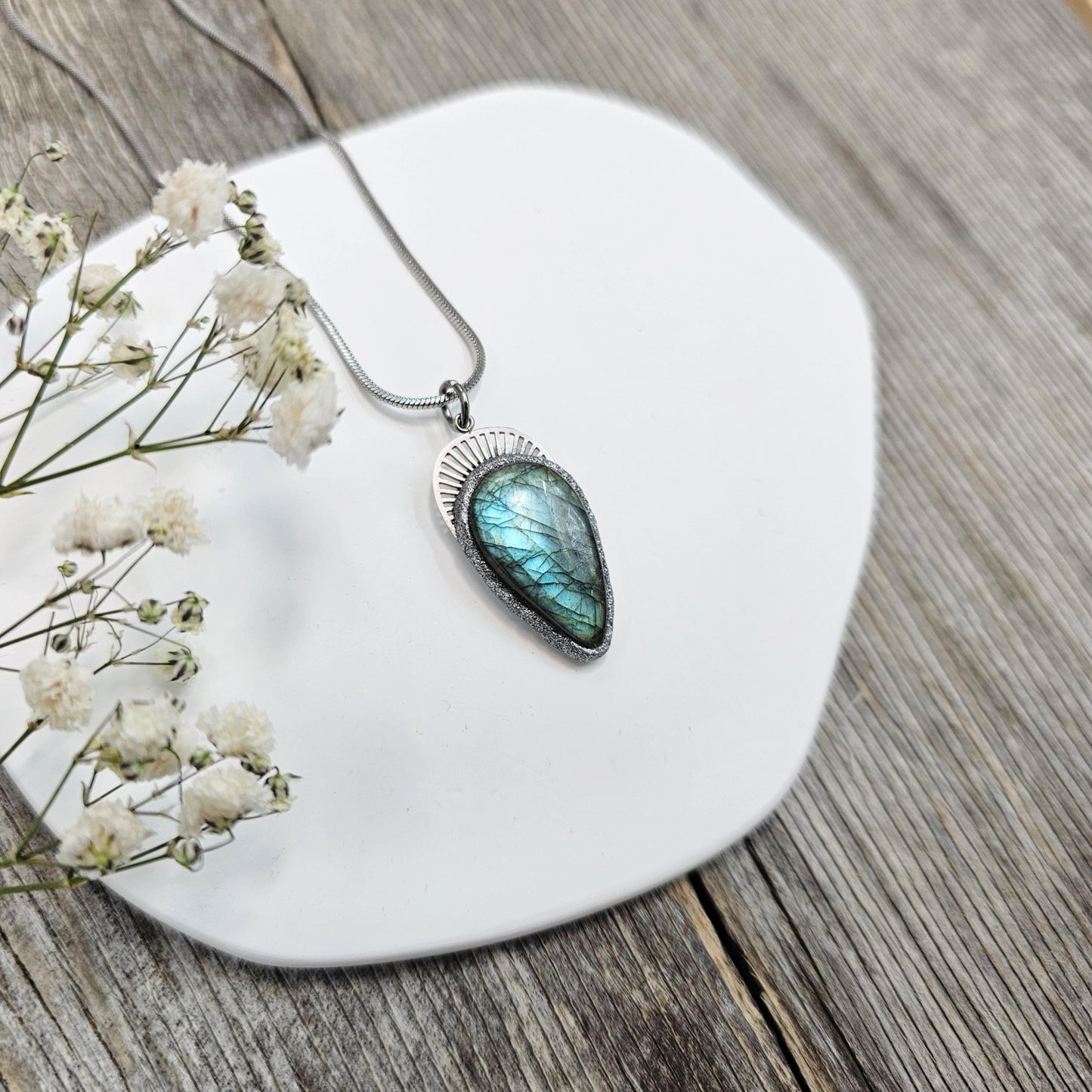 Handmade labradorite pendant necklace with a short stainless steel chain. Features a unique polymer clay setting. One of a kind magical jewelry, perfect gift for her.