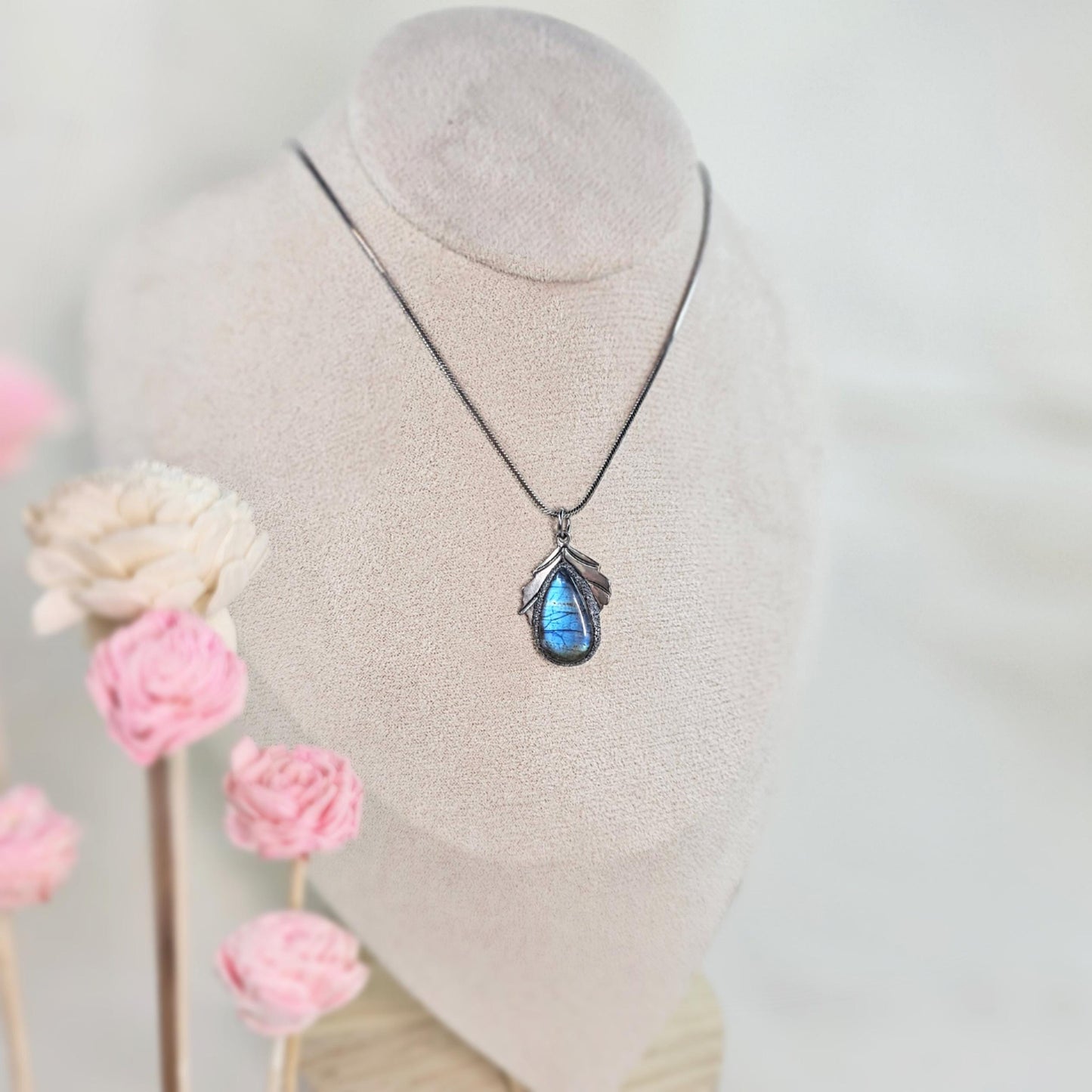 Handmade labradorite pendant necklace with a short stainless steel chain. Features a unique polymer clay setting. One of a kind magical jewelry, perfect gift for her.