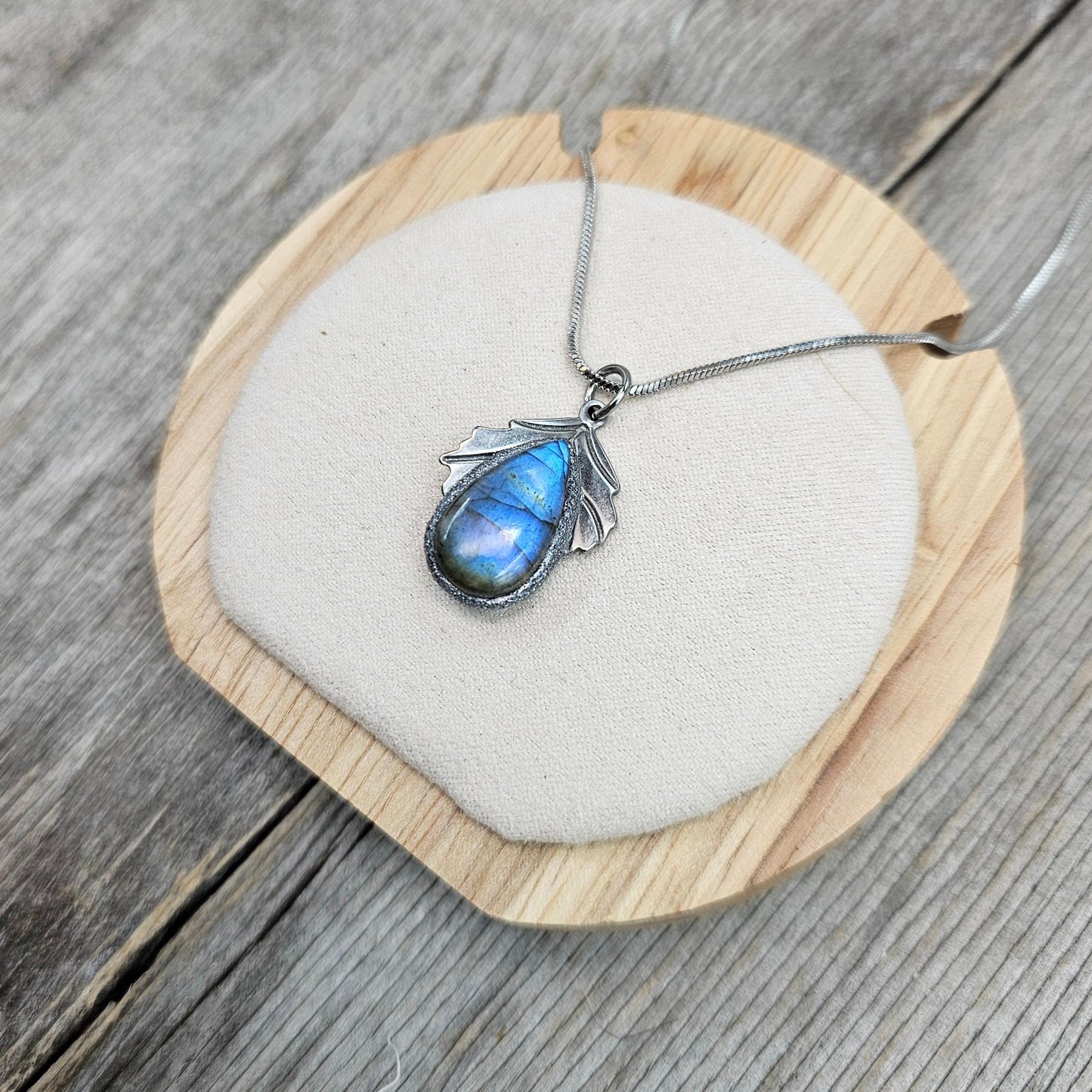 Handmade labradorite pendant necklace with a short stainless steel chain. Features a unique polymer clay setting. One of a kind magical jewelry, perfect gift for her.
