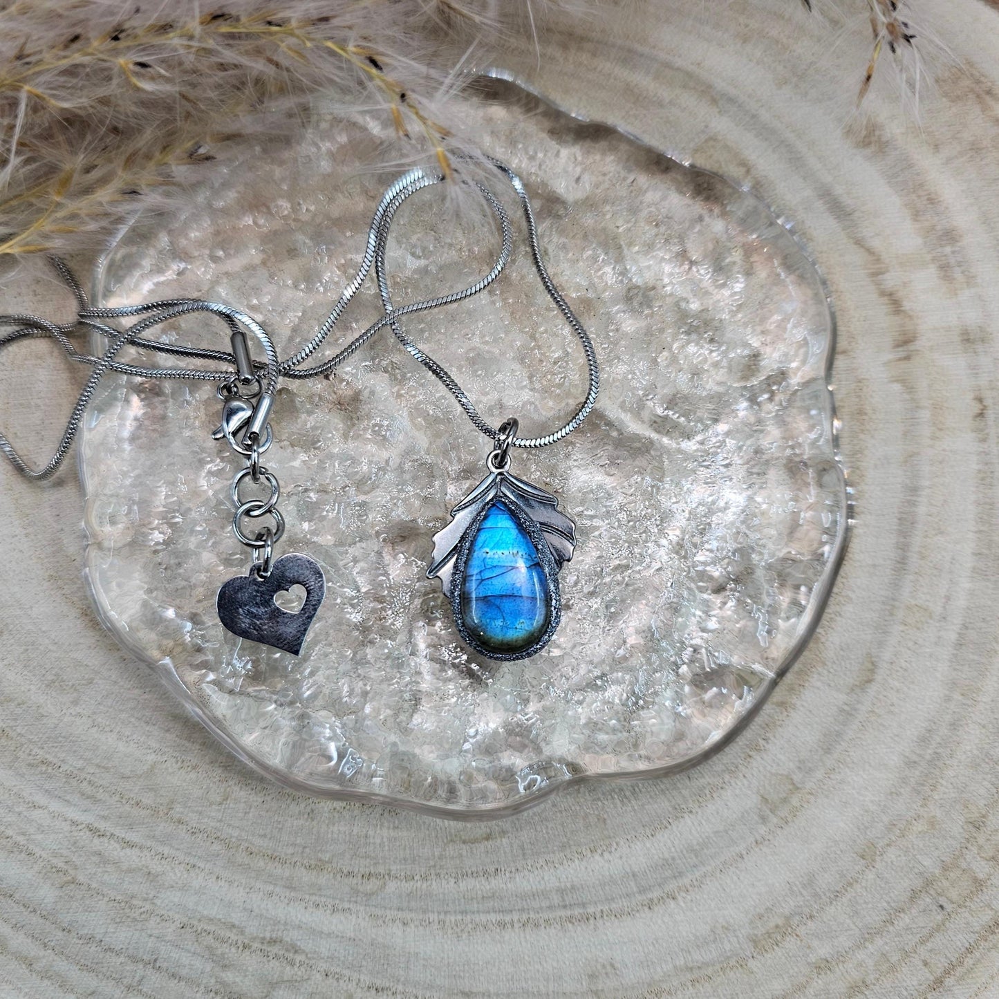 Handmade labradorite pendant necklace with a short stainless steel chain. Features a unique polymer clay setting. One of a kind magical jewelry, perfect gift for her.