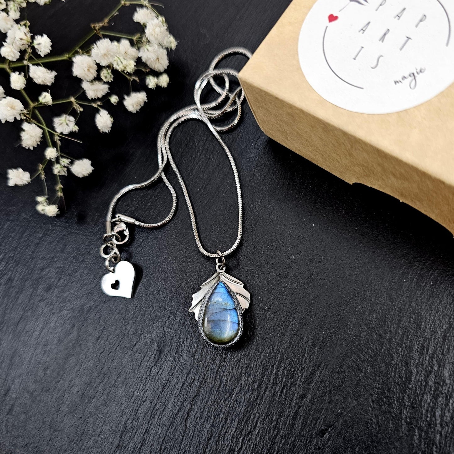 Handmade labradorite pendant necklace with a short stainless steel chain. Features a unique polymer clay setting. One of a kind magical jewelry, perfect gift for her.