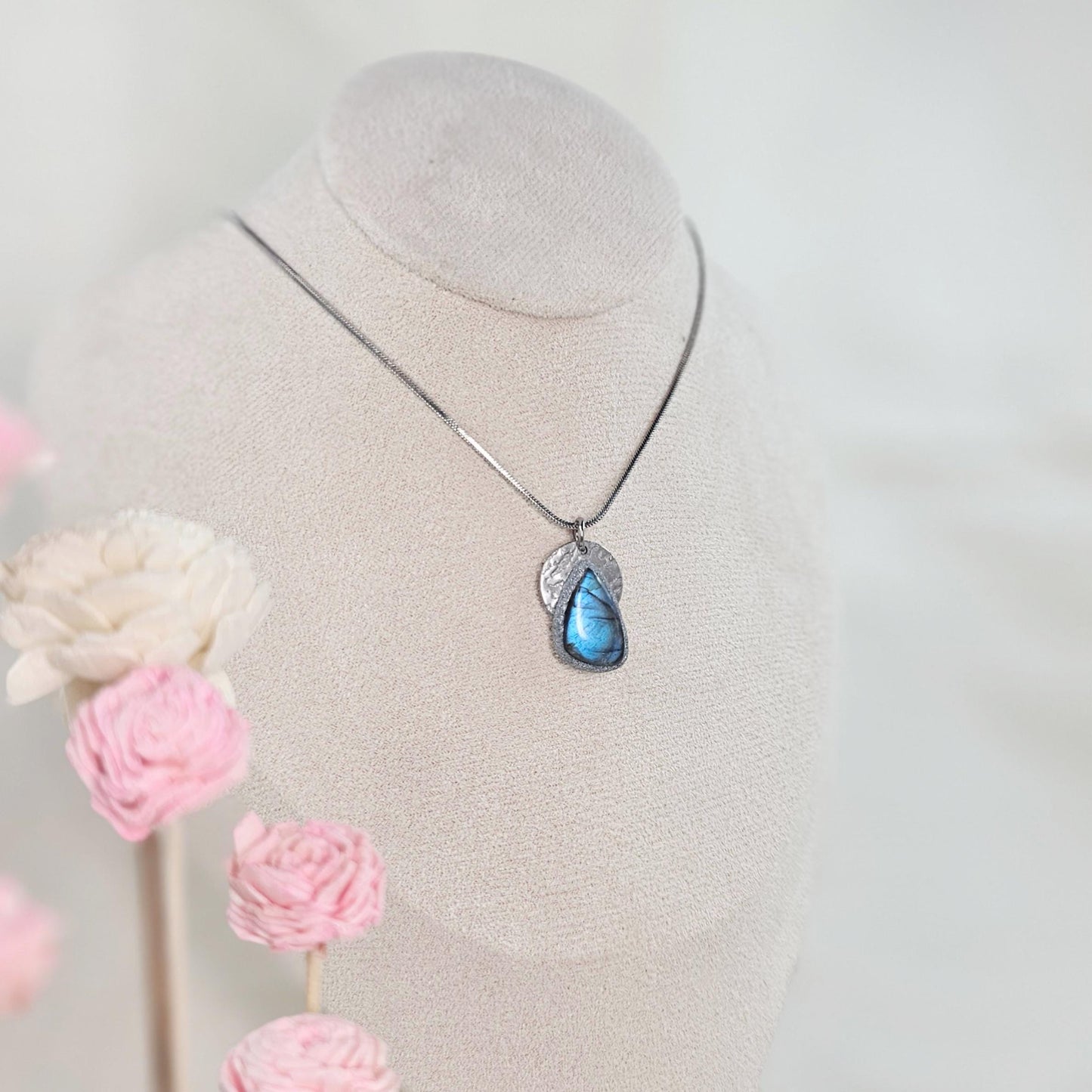 Handmade labradorite pendant necklace with a short stainless steel chain. Features a unique polymer clay setting. One of a kind magical jewelry, perfect gift for her.
