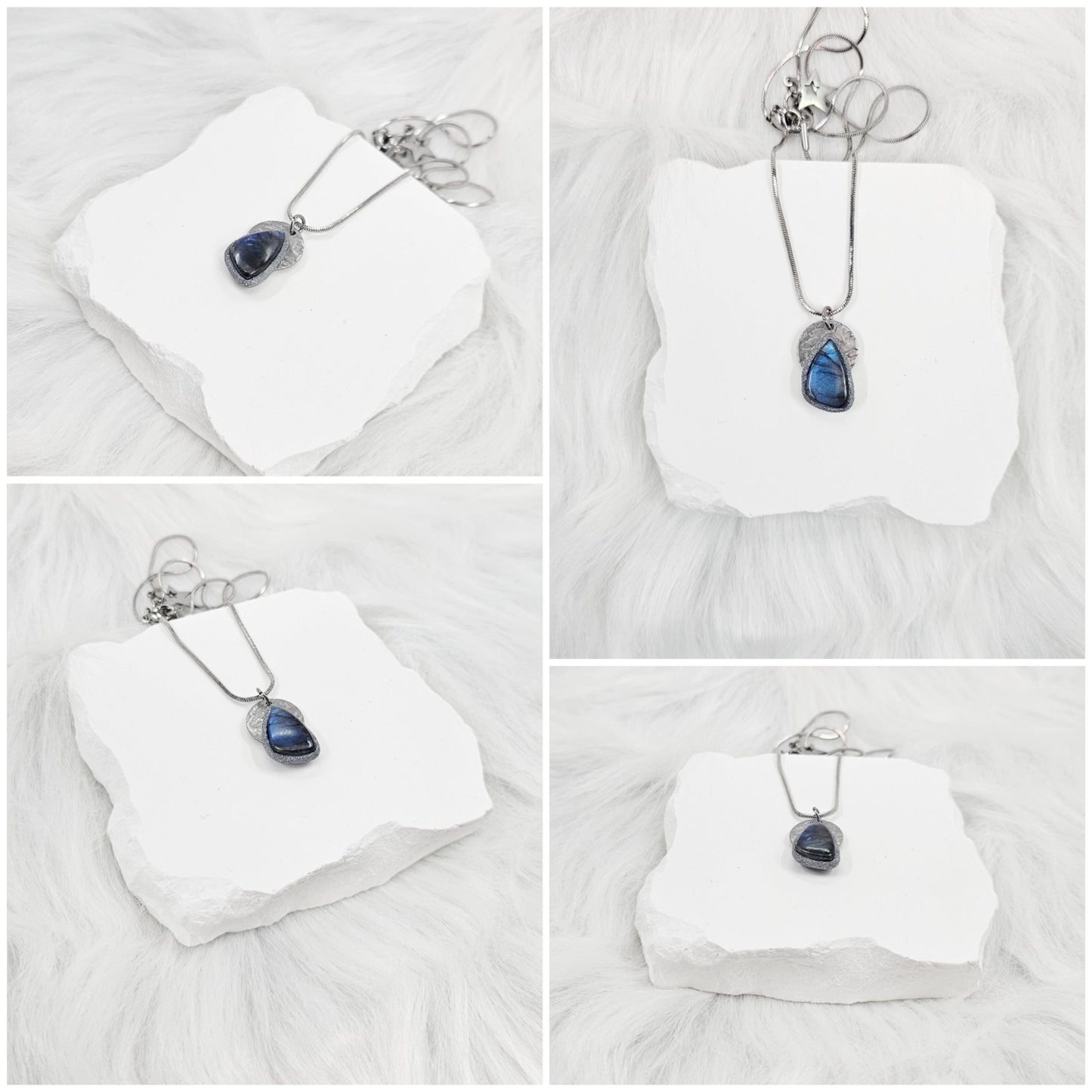 Handmade labradorite pendant necklace with a short stainless steel chain. Features a unique polymer clay setting. One of a kind magical jewelry, perfect gift for her.