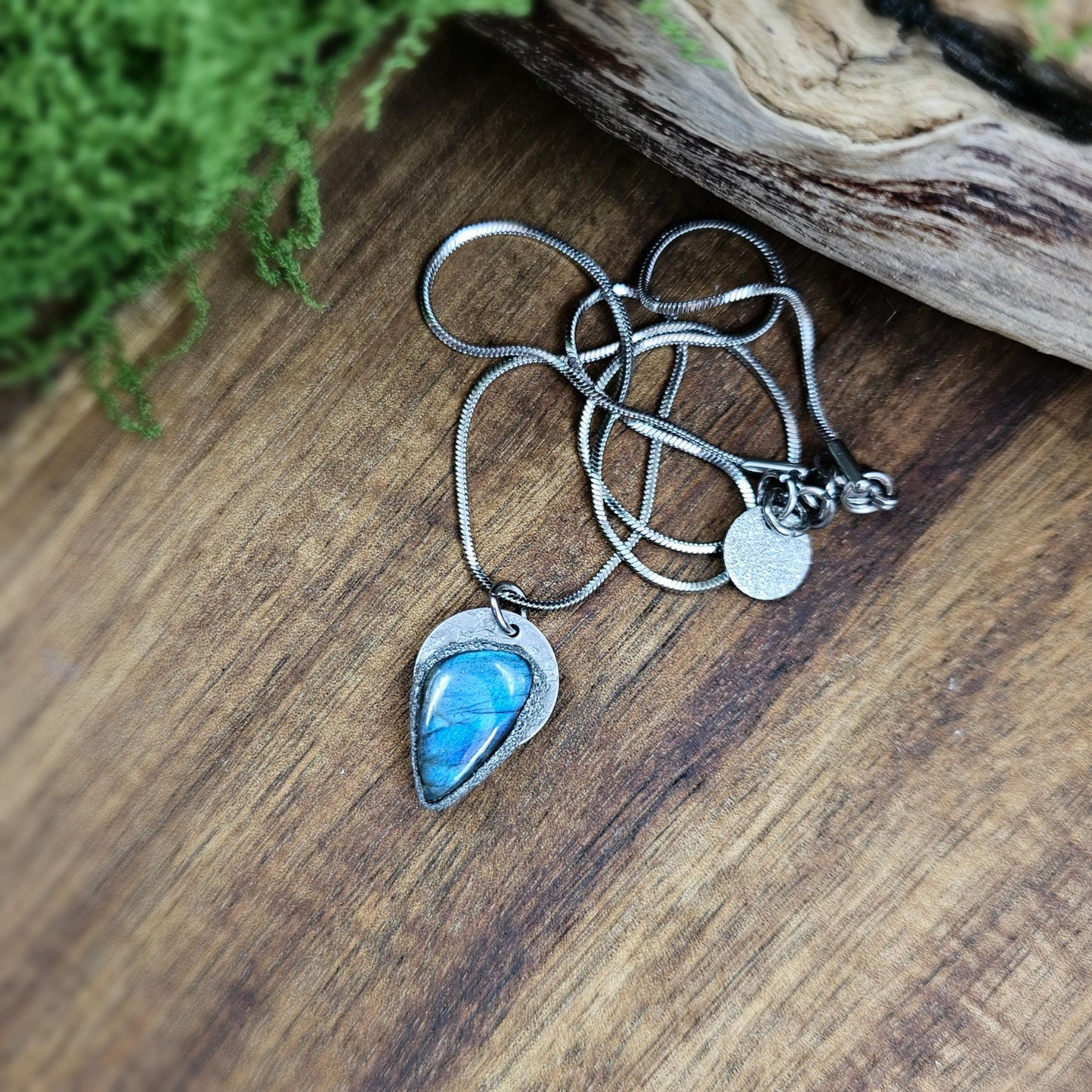 Handmade labradorite pendant necklace with a short stainless steel chain. Features a unique polymer clay setting. One of a kind magical jewelry, perfect gift for her.
